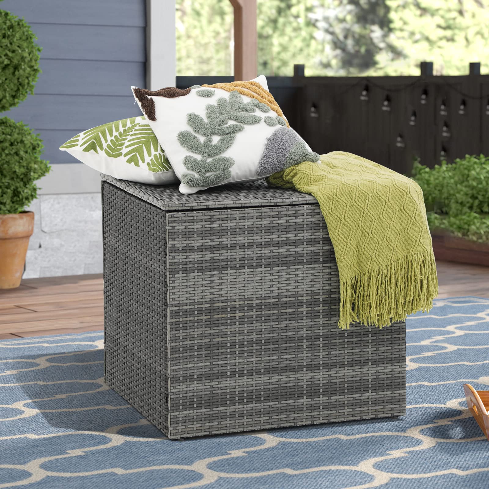 88 Gallon Resin Wicker Deck Box - Outdoor Storage for Patio Cushions, Gardening Tools & Pool Accessories - Waterproof Rattan Storage Bin for Backyard, Patio & Garden Organization (Grey)