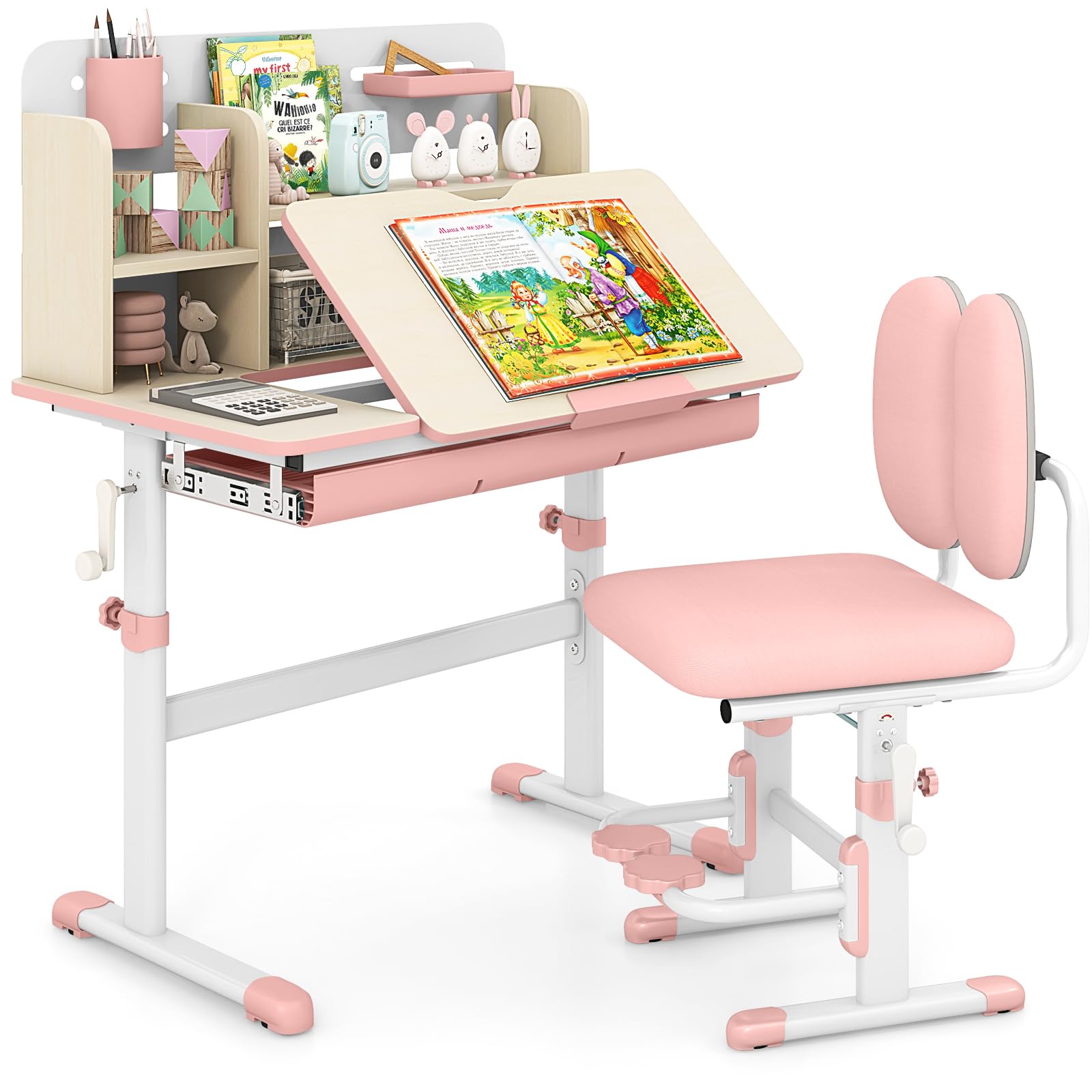 HONEY JOY Adjustable Kids Desk and Chair Set - Ergonomic Study Table with Tilt Desktop, Bookshelf & Storage Drawer for Children - Perfect for Homework, Online Learning & Art Projects (Pink)
