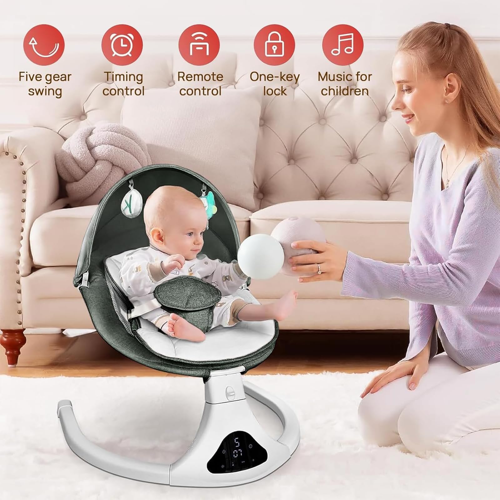 Portable Baby Swing for Infants to Toddlers - 5 Speed Adjustable Rocker with Remote Control, 3-Point Safety Harness & 3 Reclining Positions - Perfect for Nursery, Living Room or Travel (Green) | Ideal for Newborns, Baby Boys & Girls