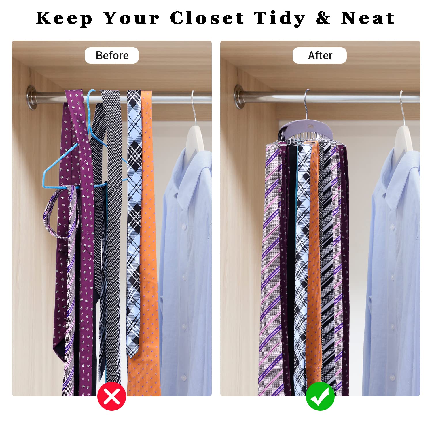 Ohuhu 24-Hook Wooden Walnut Tie Rack Organizer - 360 Degree Rotating Hanger for Neckties, Belts, Scarves & Accessories (2 Pack) - Perfect for Closet Organization & Space Saving Wardrobe Storage