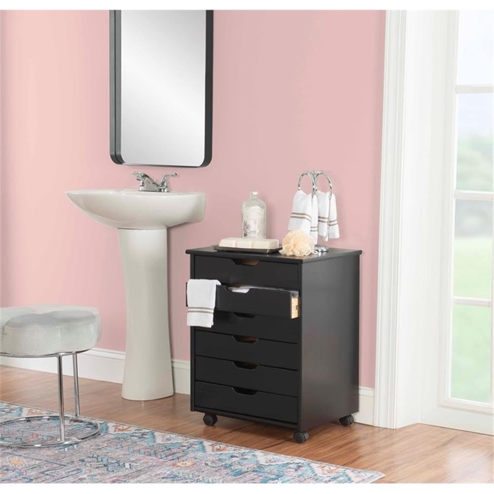 Black 6-Drawer Wooden Rolling Storage Cart with Wheels - Organizer for Bedroom, Closet, Office & Kitchen - Mobile Storage Solution for Home & Office