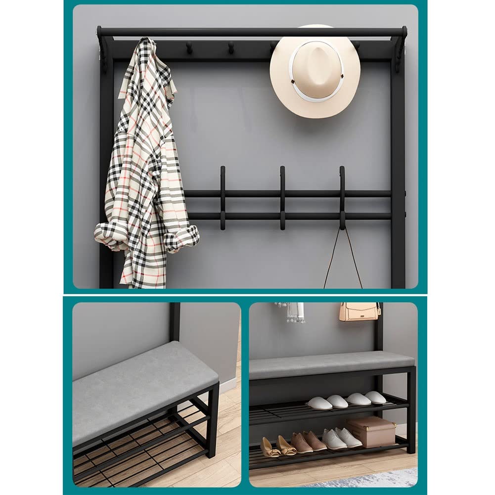 3-in-1 Entryway Organizer - Coat Rack Shoe Bench with Seat Cushion, 9 Hooks & Hanging Bars, Metal Frame Storage Shelf for Hallway, Home Office, Bedroom - Perfect for Small Space Organization & Shoe Storage at Entrance