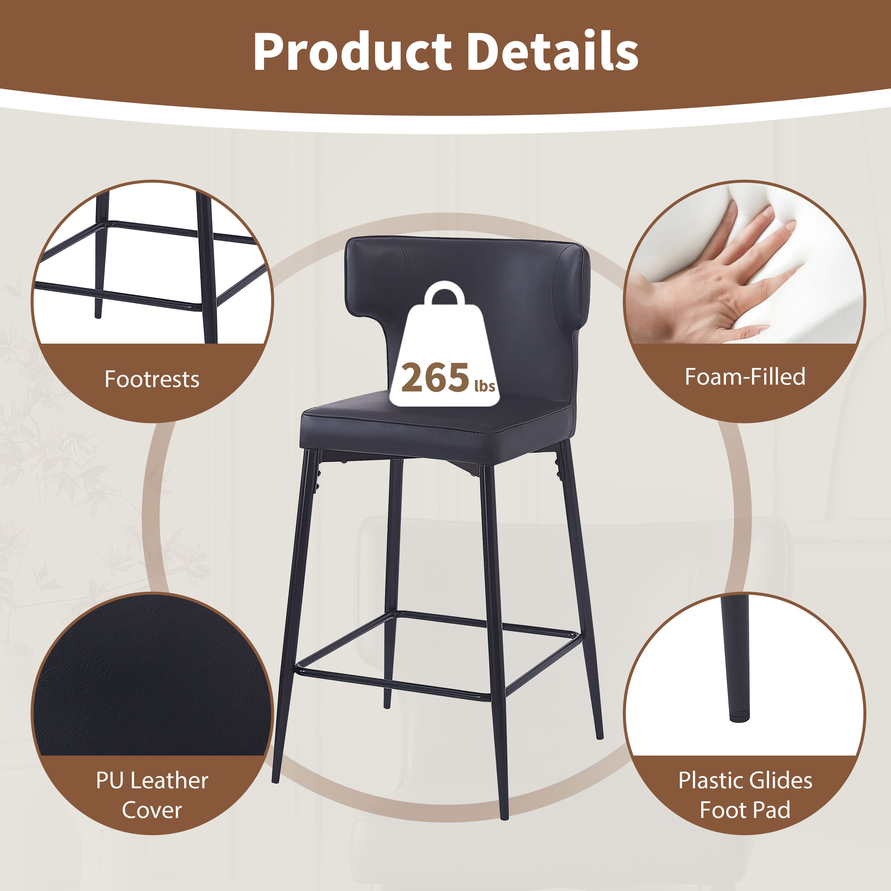 28 Inch Counter Height Bar Stools Set of 2 - Modern PU Leather Upholstered Bar Chairs with Metal Footrest & Frame for Kitchen Island, Bar Table, Dining Room - Perfect for Entertaining, Breakfast Nook & Home Bar Decor (Black)