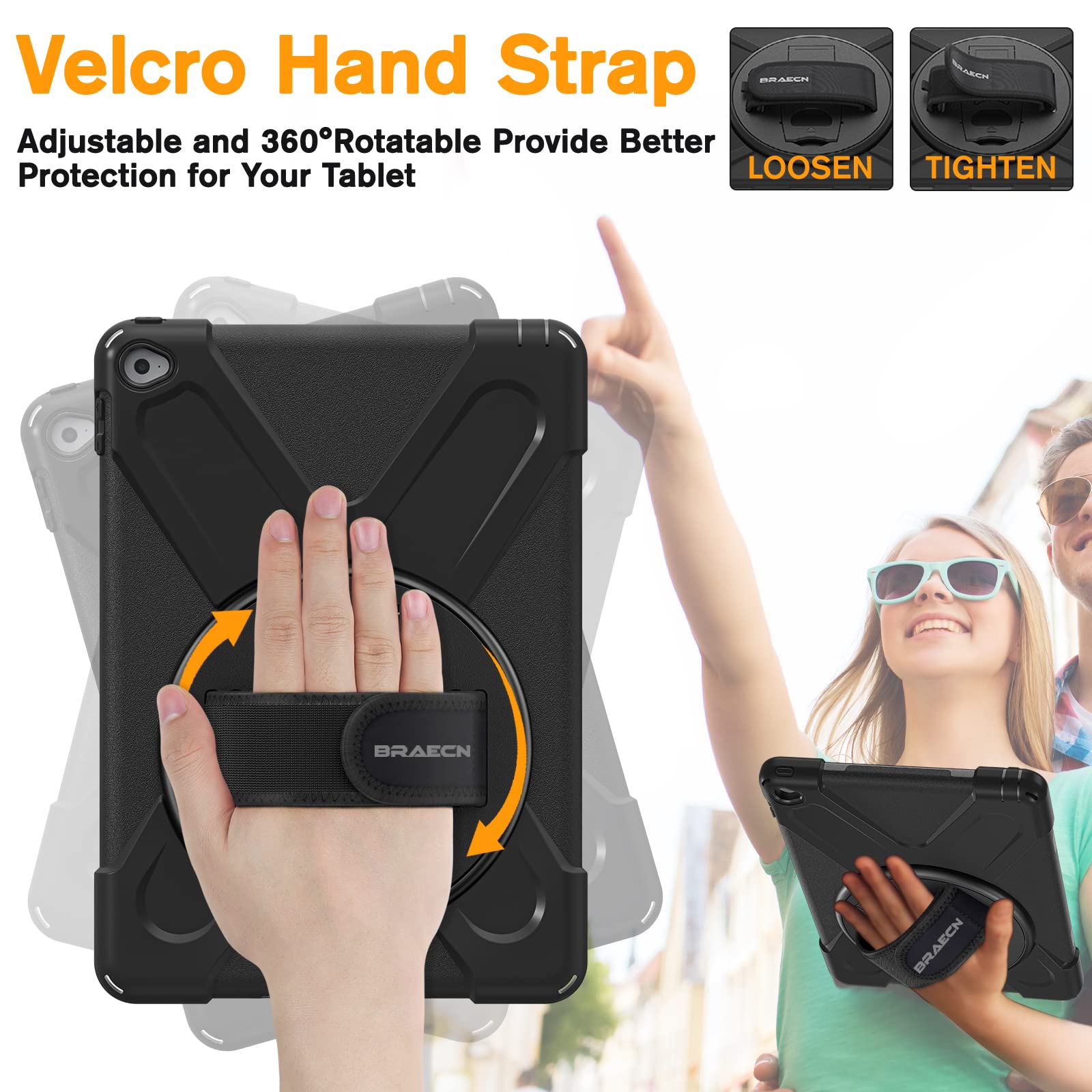 BRAECN Shockproof Rugged Case for iPad Air 2 (9.7 Inch, 2nd Generation 2014 Model A1566/A1567) - Hybrid Protective Cover with Kickstand & 360° Rotatable Hand Strap - Perfect for Kids, Travel, and Outdoor Use - Black