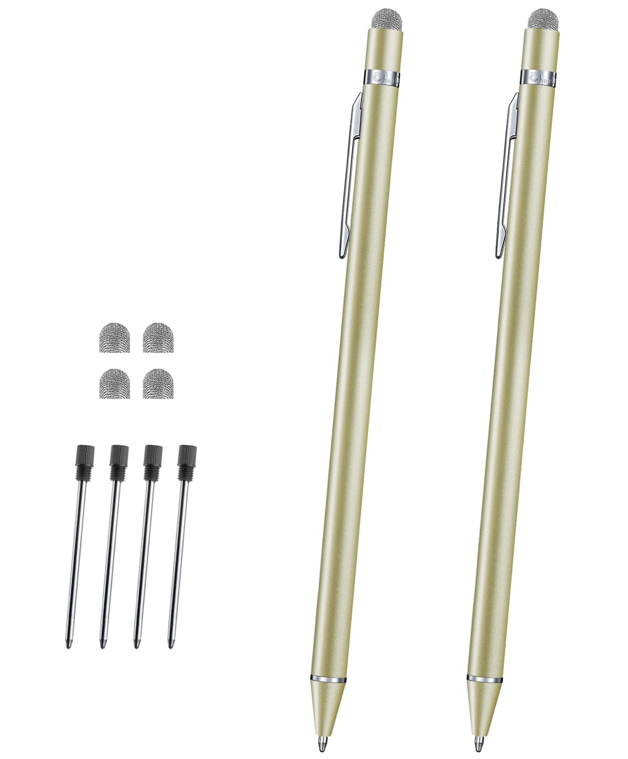 ChaoQ Stylus Pen for Touch Screens - 2 Pack Dual Tip Capacitive Stylus with 1.0mm Ballpoint Pen & 4 Replaceable Mesh Tips - Gold (Perfect for iPad, iPhone, Samsung Tablets & Digital Art Drawing)
