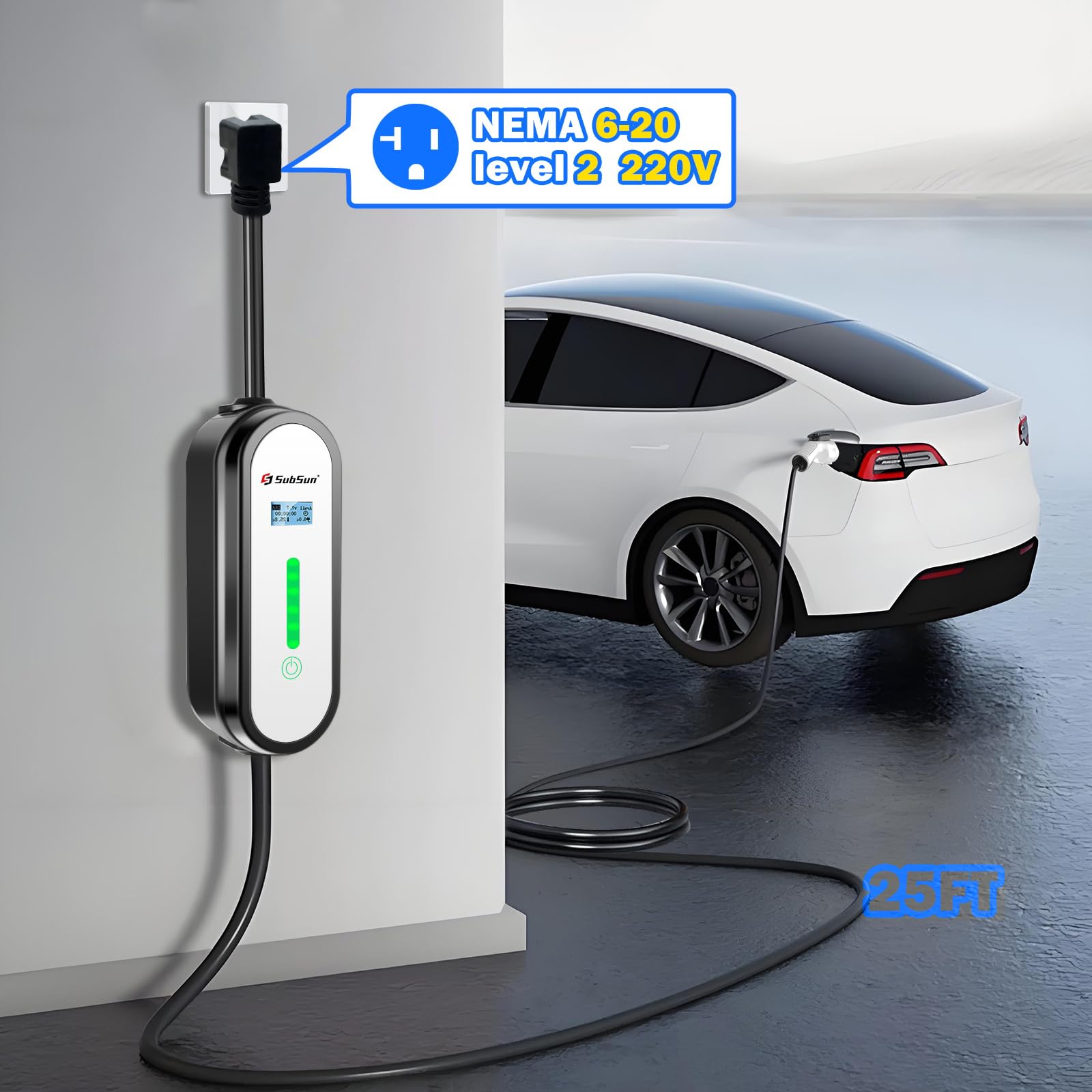 16Amp 110-240V Level 1 & 2 EV Charger with 25ft Cable - NEMA 5-15P & 6-20 Plug - Compatible with Tesla, J1772 EVs - Portable Home & Outdoor Electric Vehicle Charger (White) - Perfect for Garage, Road Trips & Public Charging Stations