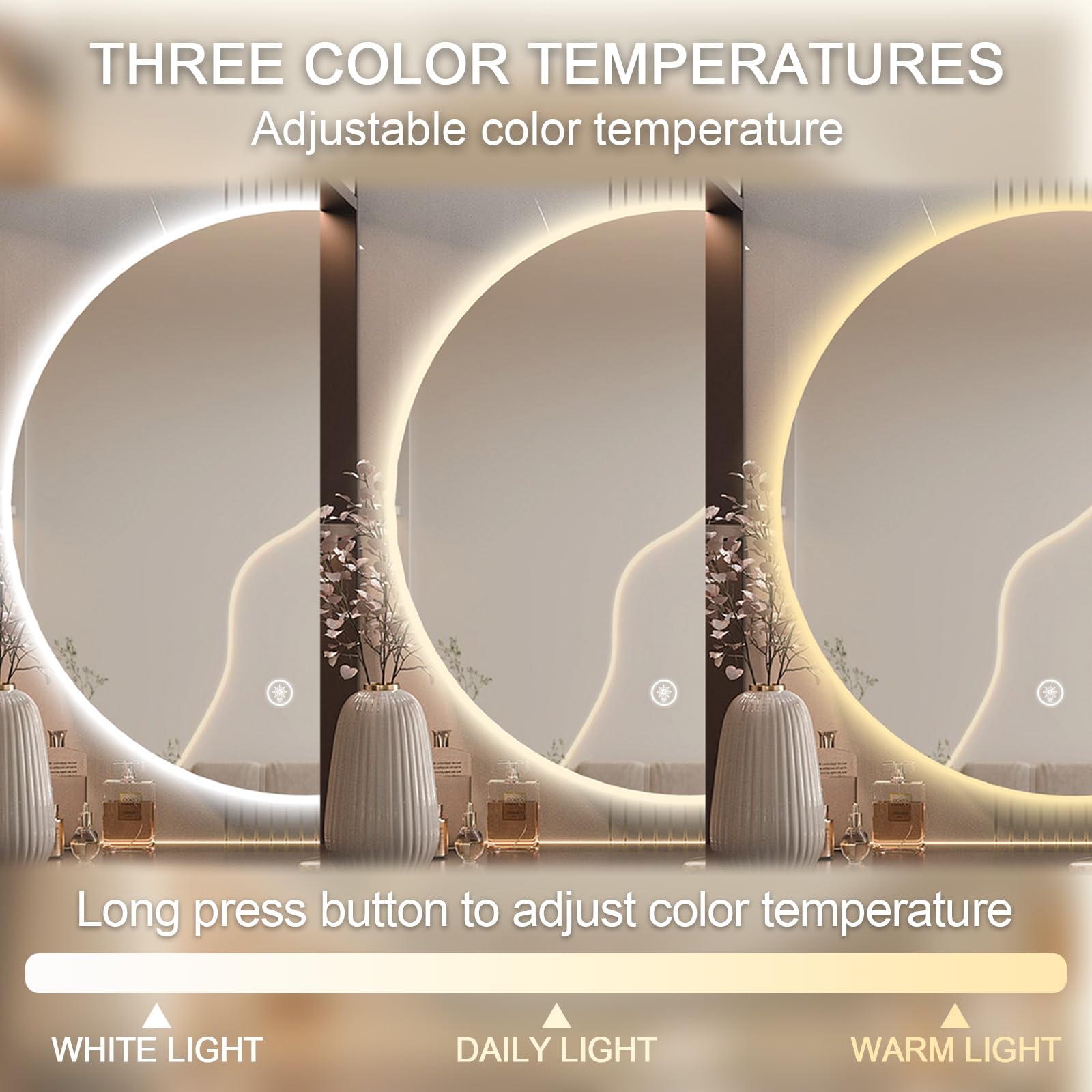 24 Inch LED Bathroom Mirror with Backlit Vanity Lights - Smart Dimmable Touch Control, 3 Color Temperature Modes, Shatter-Proof Round Design for Modern Bathrooms & Dressing Rooms