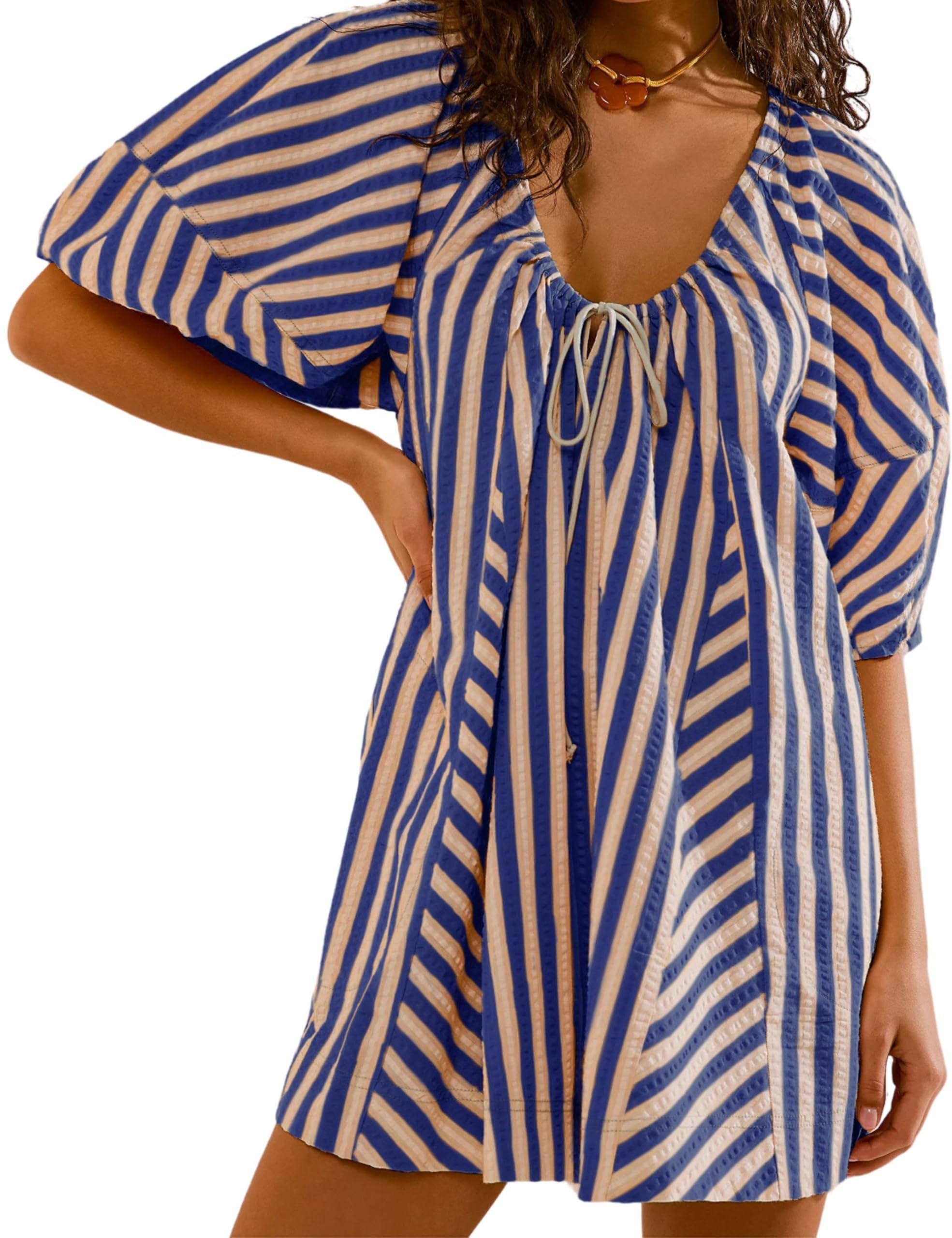 Athlisan Women's Striped Romper - Casual Loose Puff Sleeve Wide Leg Jumpsuit Overalls with Pockets | Summer Outfit, Beach Wear, Vacation Dress, Street Style Fashion