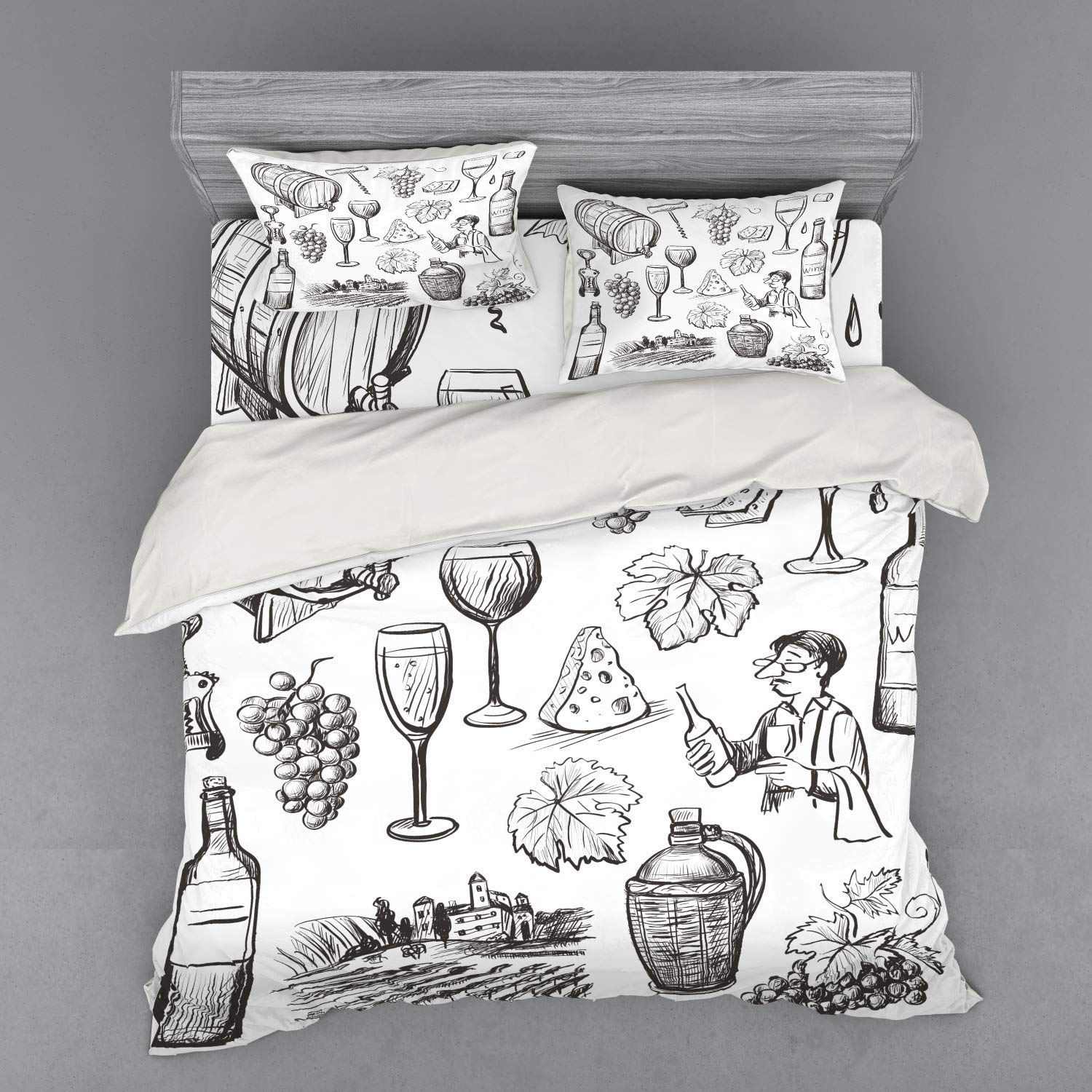Ambesonne Vintage Wine Duvet Cover Set - Hand Drawn Sketch Style Country Themed 4-Piece Bedding Set with Shams & Fitted Sheet, King Size, Charcoal Grey & White - Perfect for Wine Lovers' Bedrooms, Guest Rooms & Country-Themed Home Decor