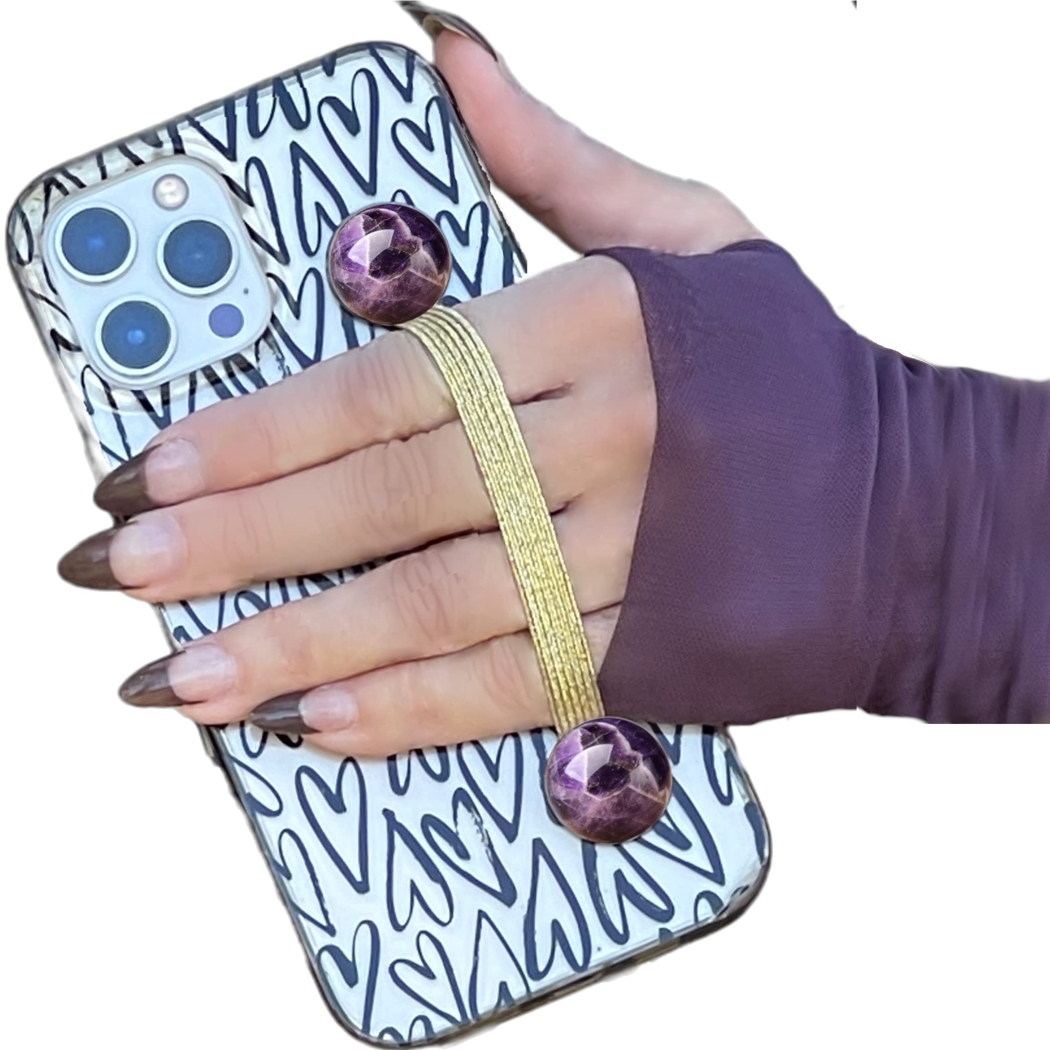 CRYSTALFY: Genuine Amethyst Crystal Phone Grip & Strap with Gold Elastic Band - Wireless Charging Compatible for iPhone, Samsung & Smartphones - Perfect for Work, Travel & Everyday Use