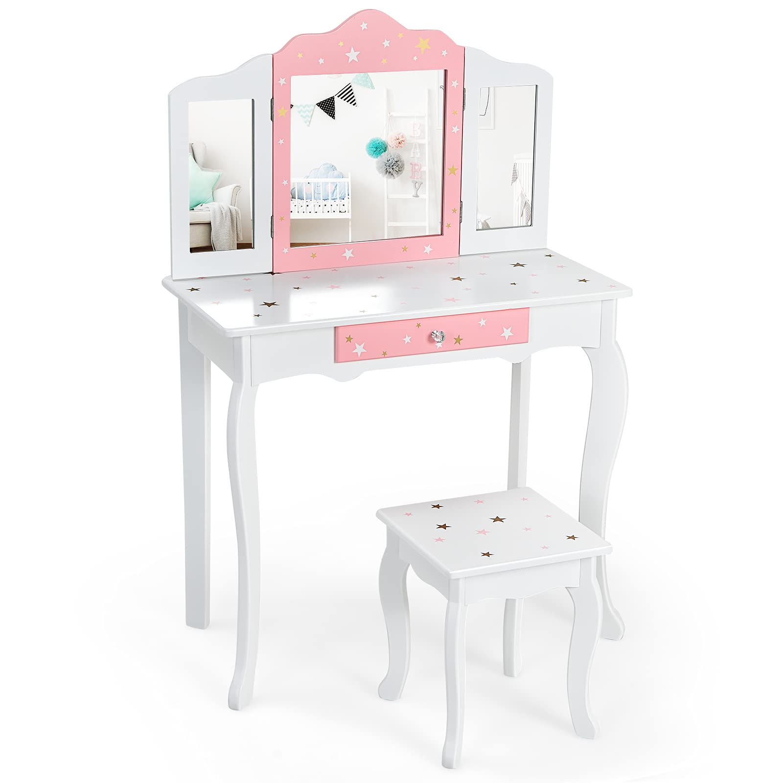 Costzon Kids Vanity Set with Mirror & Stool - Princess Makeup Table for Girls Pretend Play, White