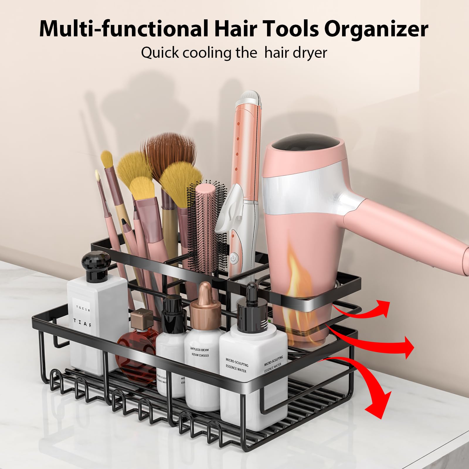 Hair Tool Organizer - 3-Way Mount Bathroom Countertop Organizer for Hair Dryer, Straightener & Accessories | Vanity Caddy for Makeup & Toiletries | Space-Saving Storage for Small Bathrooms & Dorm Rooms