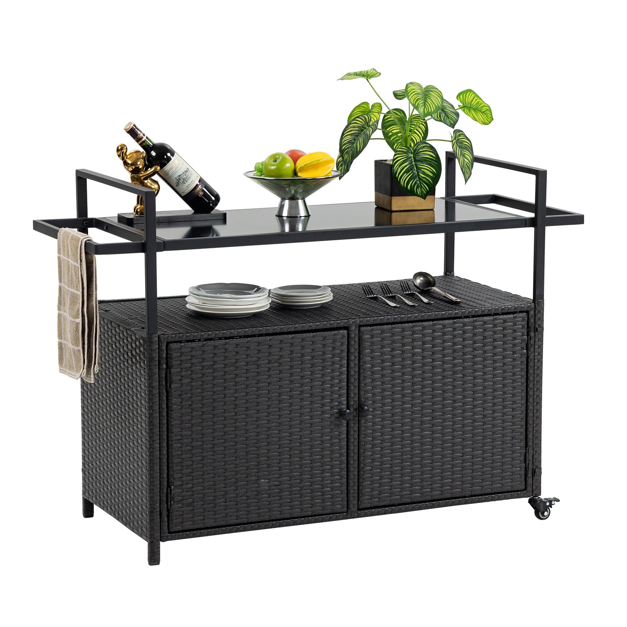 Outdoor Wicker Bar Cart with Glass Top - Rolling Portable Serving Table & Storage Cabinet for Wine, Patio, Porch, Backyard - Perfect for Poolside Parties & Outdoor Entertaining (Black)