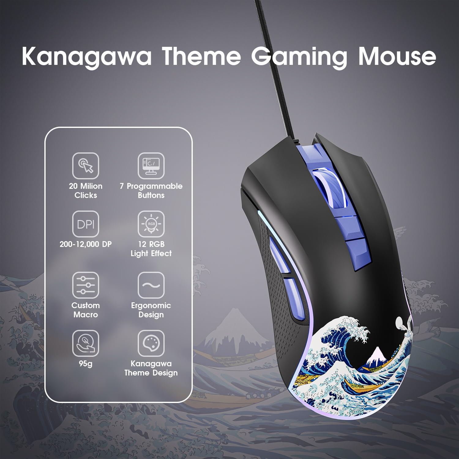 XVX Wired Gaming Mouse - 12000 DPI RGB Gaming Mouse with 12 Backlit Modes & 7 Programmable Buttons | Ergonomic PC Gaming Mouse for Windows/Mac/Laptop | Customizable Keybinding for FPS, MOBA & MMO Games