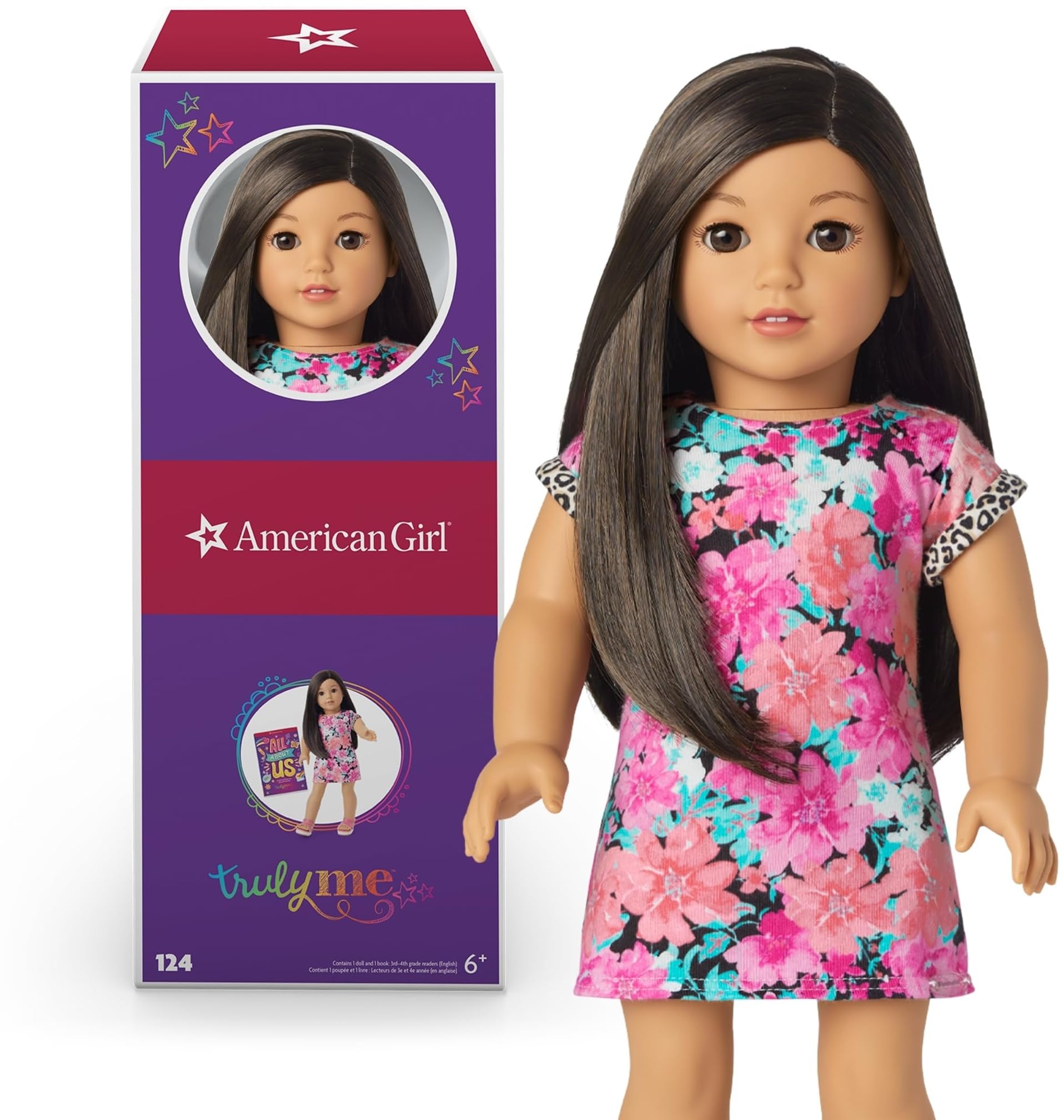 American Girl Truly Me 18-inch Doll #124 with Brown Eyes, Black-Brown Hair, Light-to-Medium Skin Tone, T-shirt Dress - Perfect Gift for Girls Ages 6+ | Floral Design for Pretend Play, Birthday Parties & Collectors