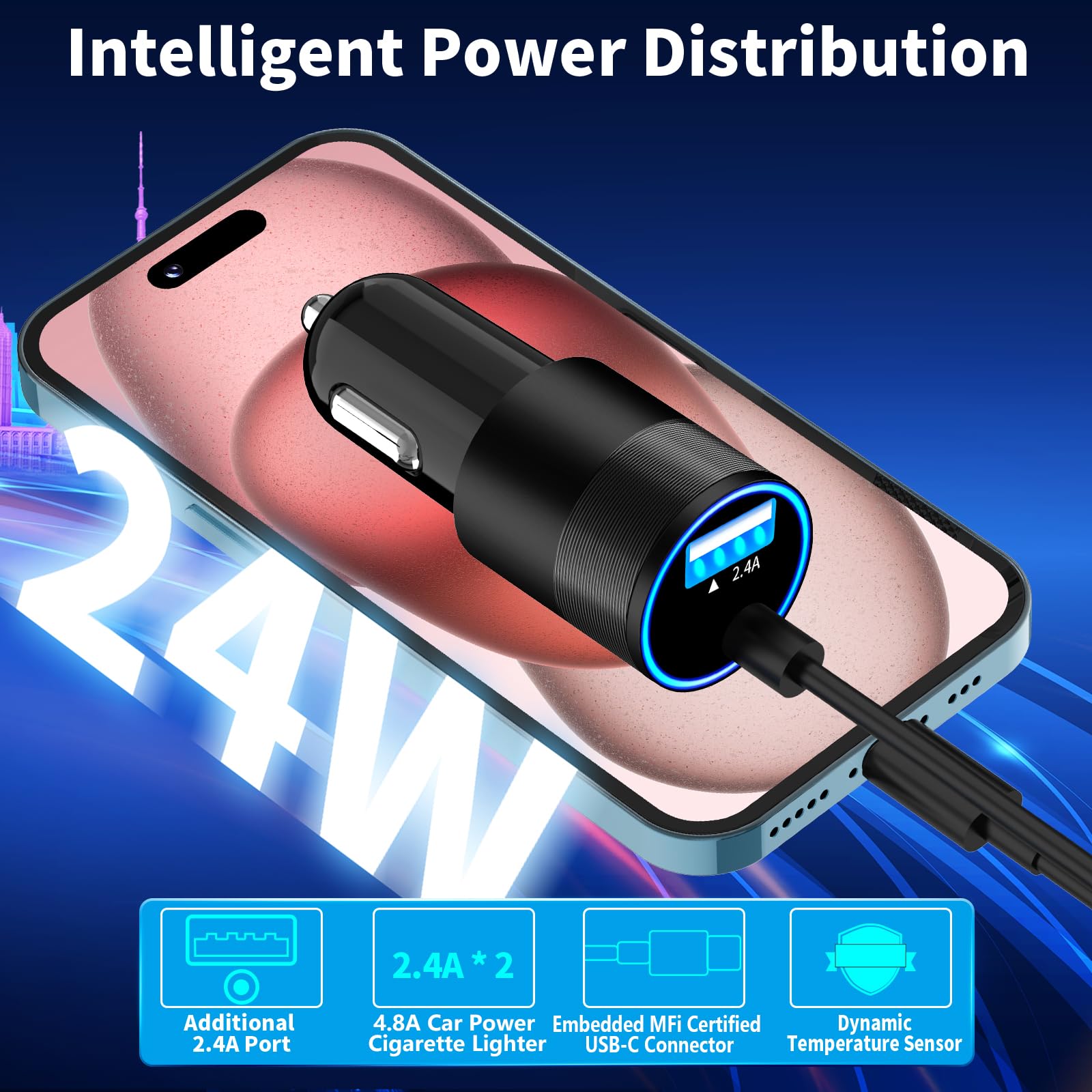 Apple MFi Certified Fast Car Charger for iPhone 15 - 4.8A Dual USB & USB-C Car Charger with 6FT Type-C Cable - Compatible with iPhone 15 Pro/Pro Max, Galaxy S24/S23, Pixel, iPad Pro - Perfect for Road Trips & Daily Commuting