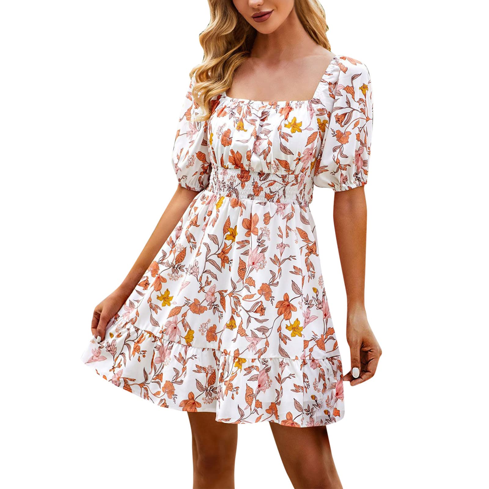 2023 Women's Summer Boho Floral Print Square Neck A-Line Mini Dress - Short Sleeve Beach Dress for Vacation, Party & Casual Wear