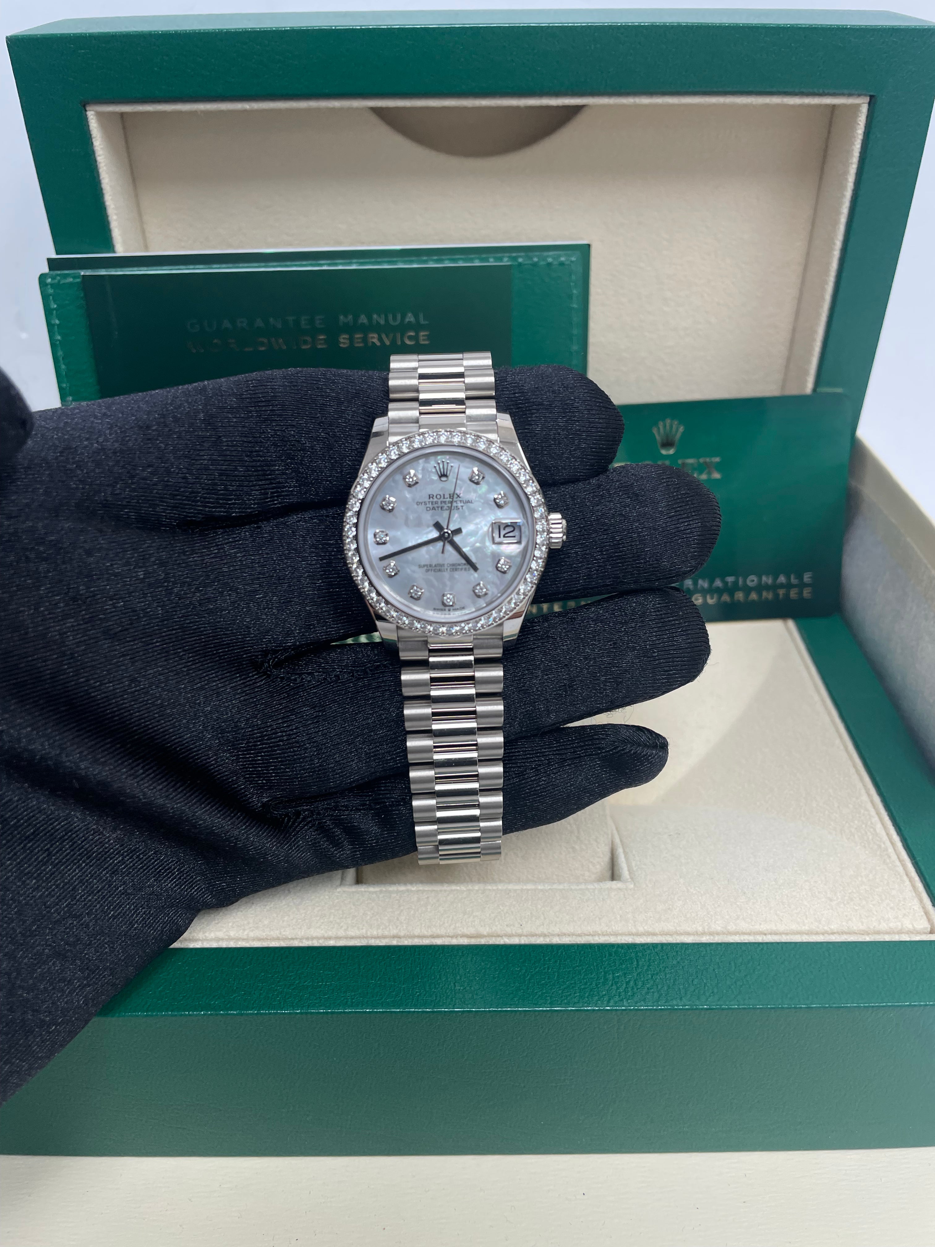 Rolex Datejust 31 White Gold Watch with Diamond Bezel & Mother of Pearl Diamond Dial - President Bracelet (Ref #278289RBR) | Luxury Women's Timepiece for Special Occasions & Formal Events