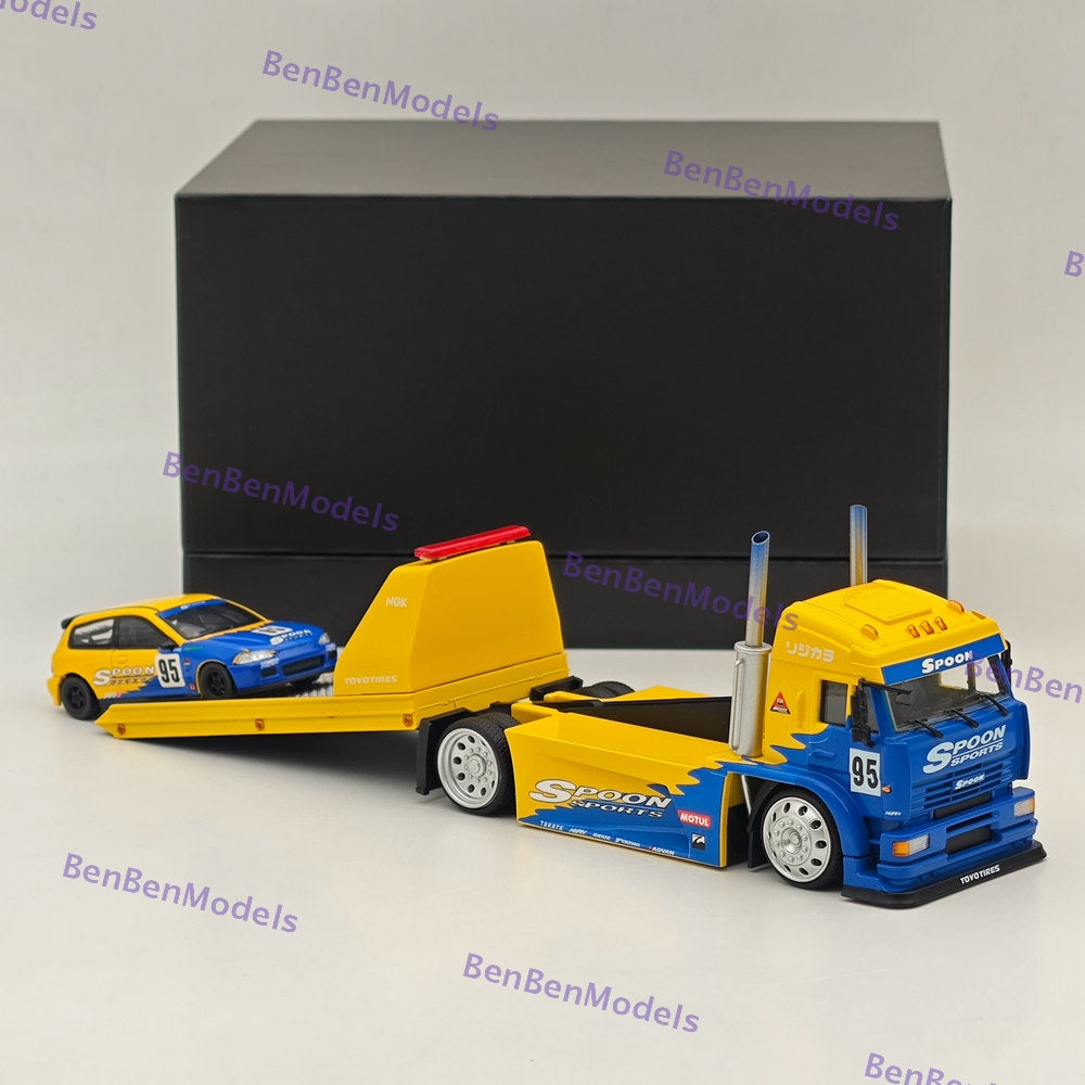 1:64 Scale SH KamAZ Spoon Sports Flatbed Tow Truck with Honda Civic EG6 Spoon #95 Diecast Model Car - Perfect for Collectors, Racing Enthusiasts, and Display Showcases