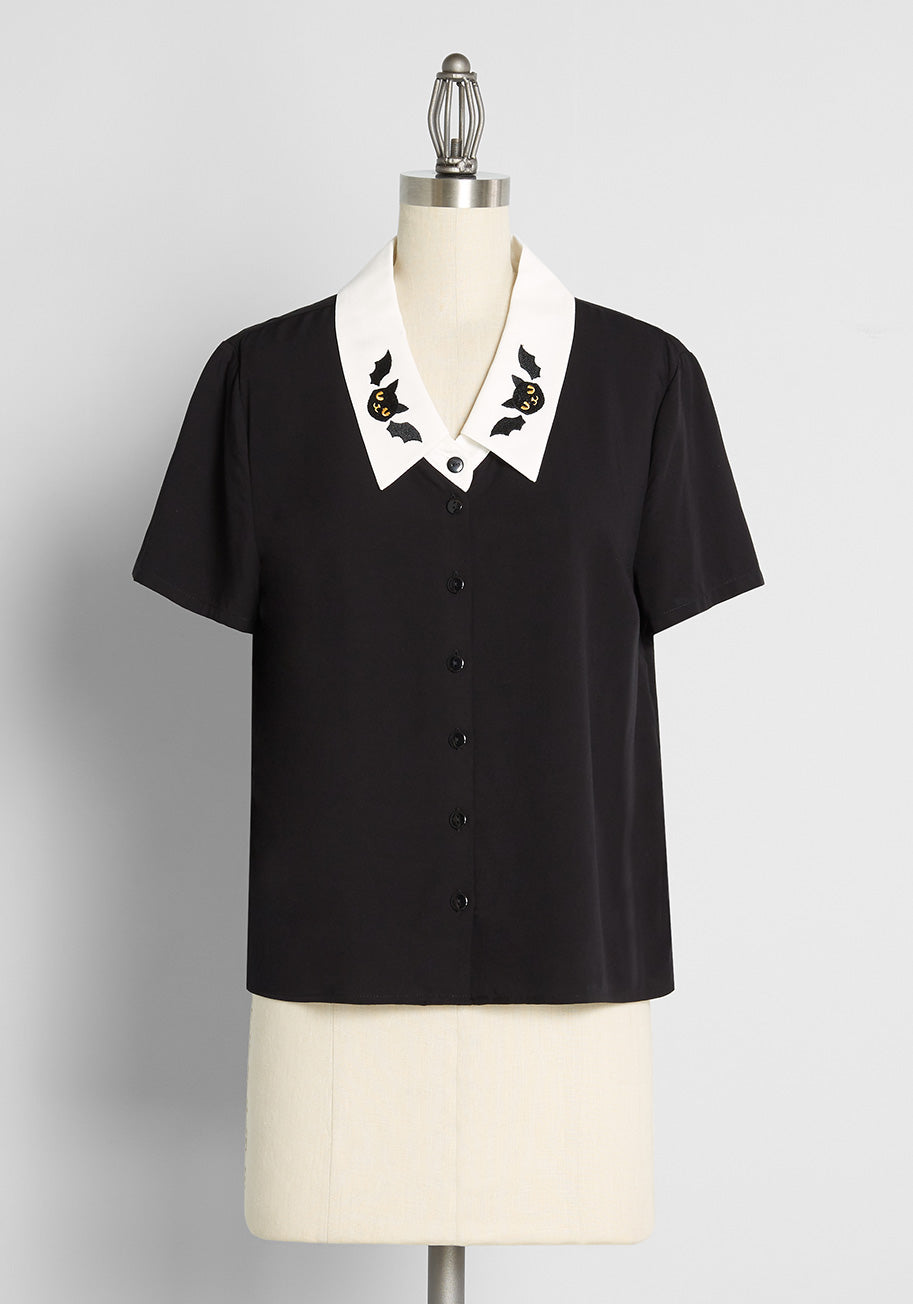 ModCloth x Dangerfield Feline Fusion Button Up Blouse - Stylish Cat Print Women's Shirt for Casual Wear & Office Outfits