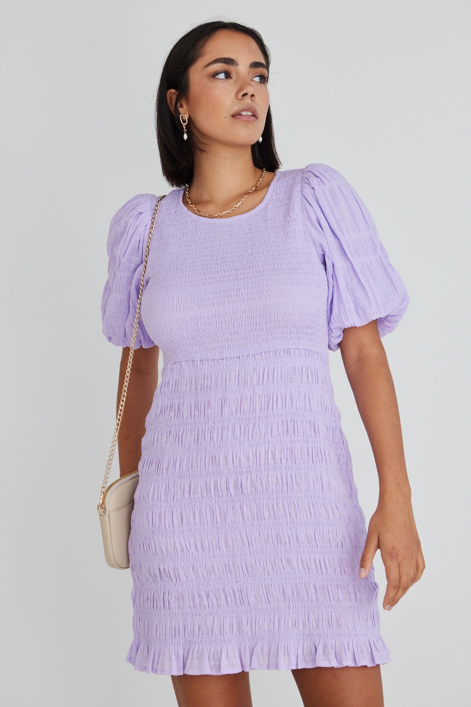 Elegant Lilac Puff Sleeve Shirred Bodycon Mini Dress for Women | Summer Party & Date Night Outfit