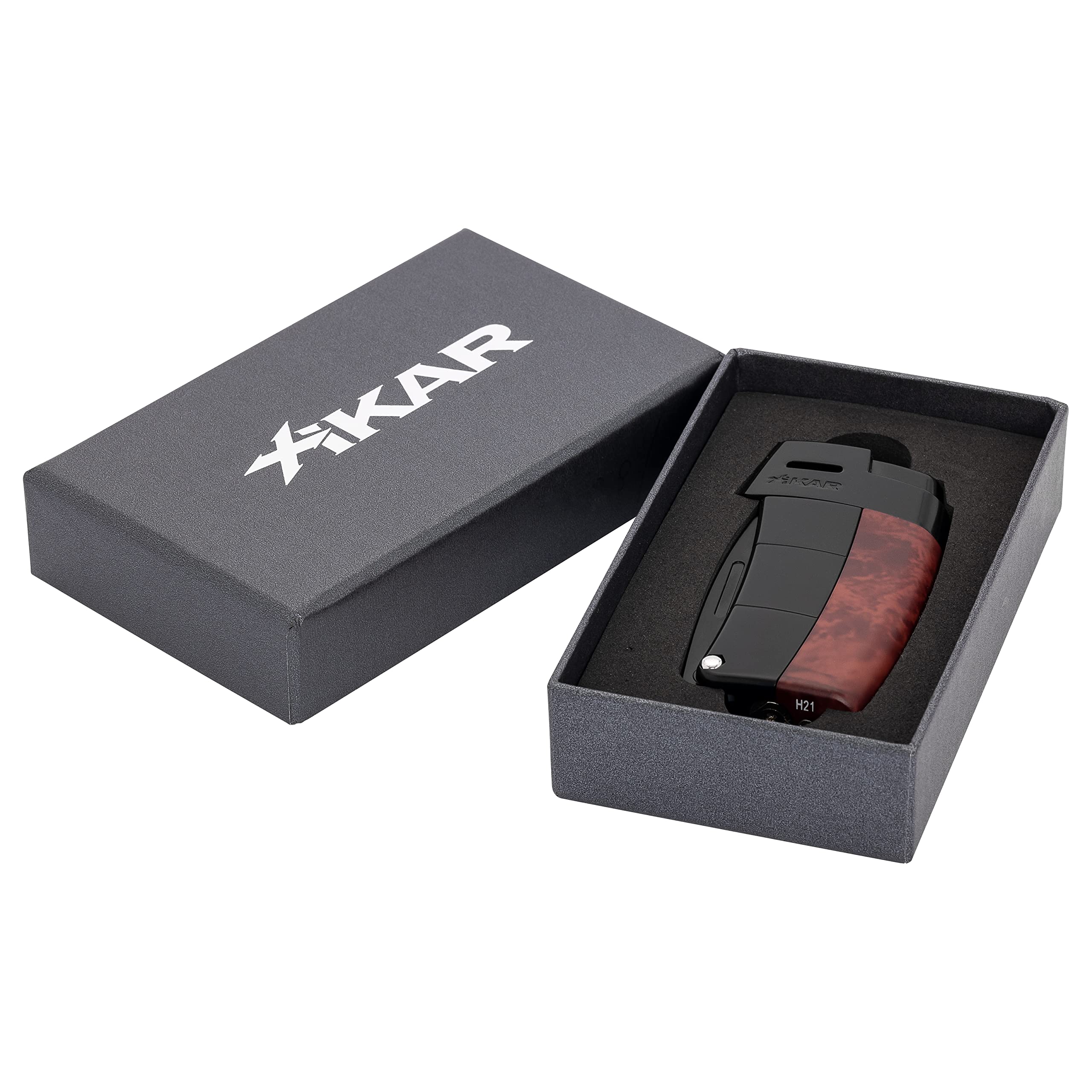 Xikar Resource II Angled Soft Flame Lighter - Exotic Burl Wood Design for Pipe Smokers with Built-in Tamper & Scraper | Perfect for Tobacco Pipe Smoking, Cigar Lighting & Outdoor Use