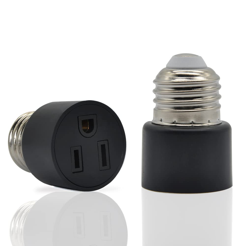3 Prong Outlet Light Socket Adapter - E26 to Outlet Converter, Screw-in Light Bulb Socket Plug (Black) - Perfect for Porch Lights, Security Cameras, Garage Lighting & Holiday Light Strings