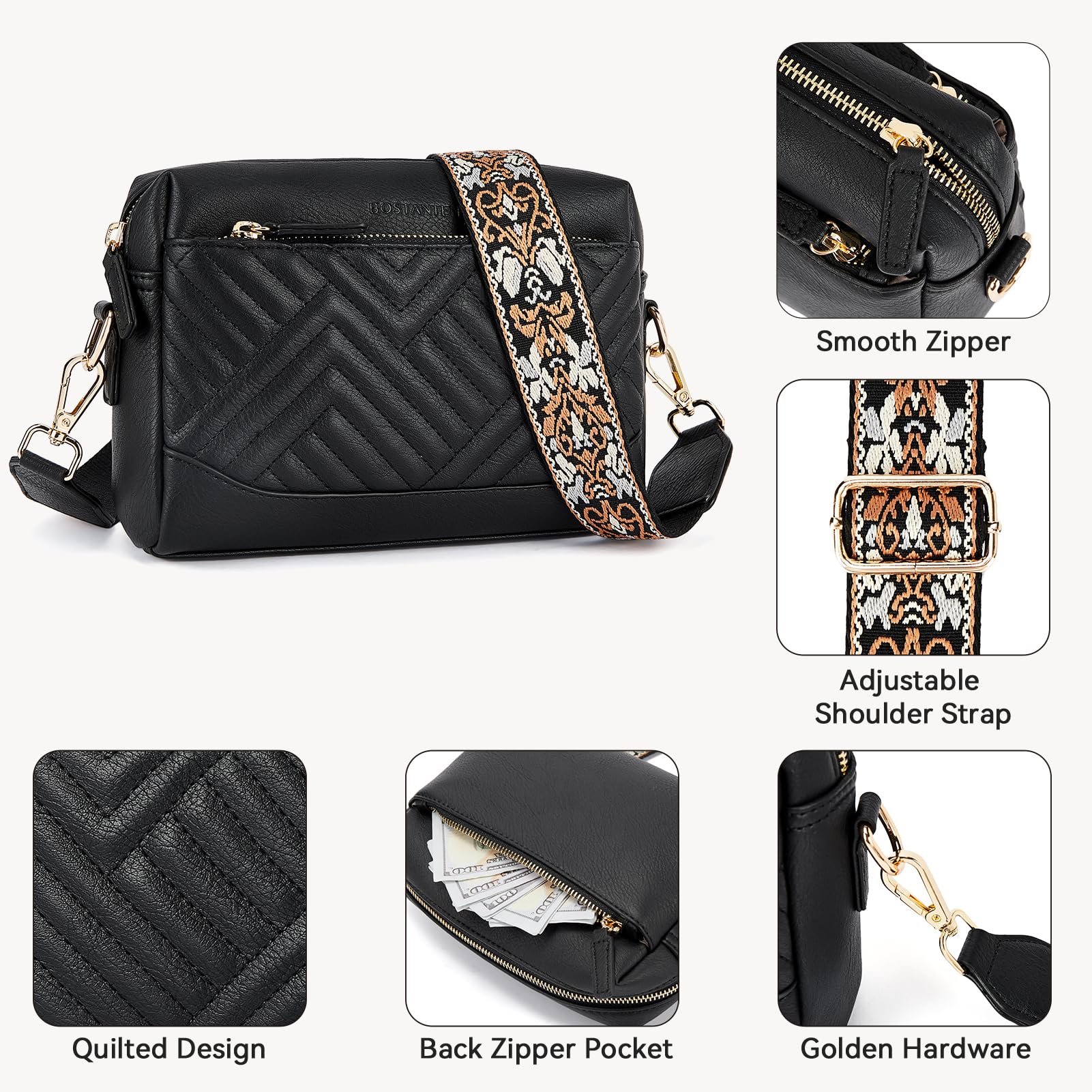 BOSTANTEN Women's Vegan Leather Crossbody Bag - Quilted Shoulder Purse with Adjustable Strap | Perfect for Work, Travel & Everyday Use