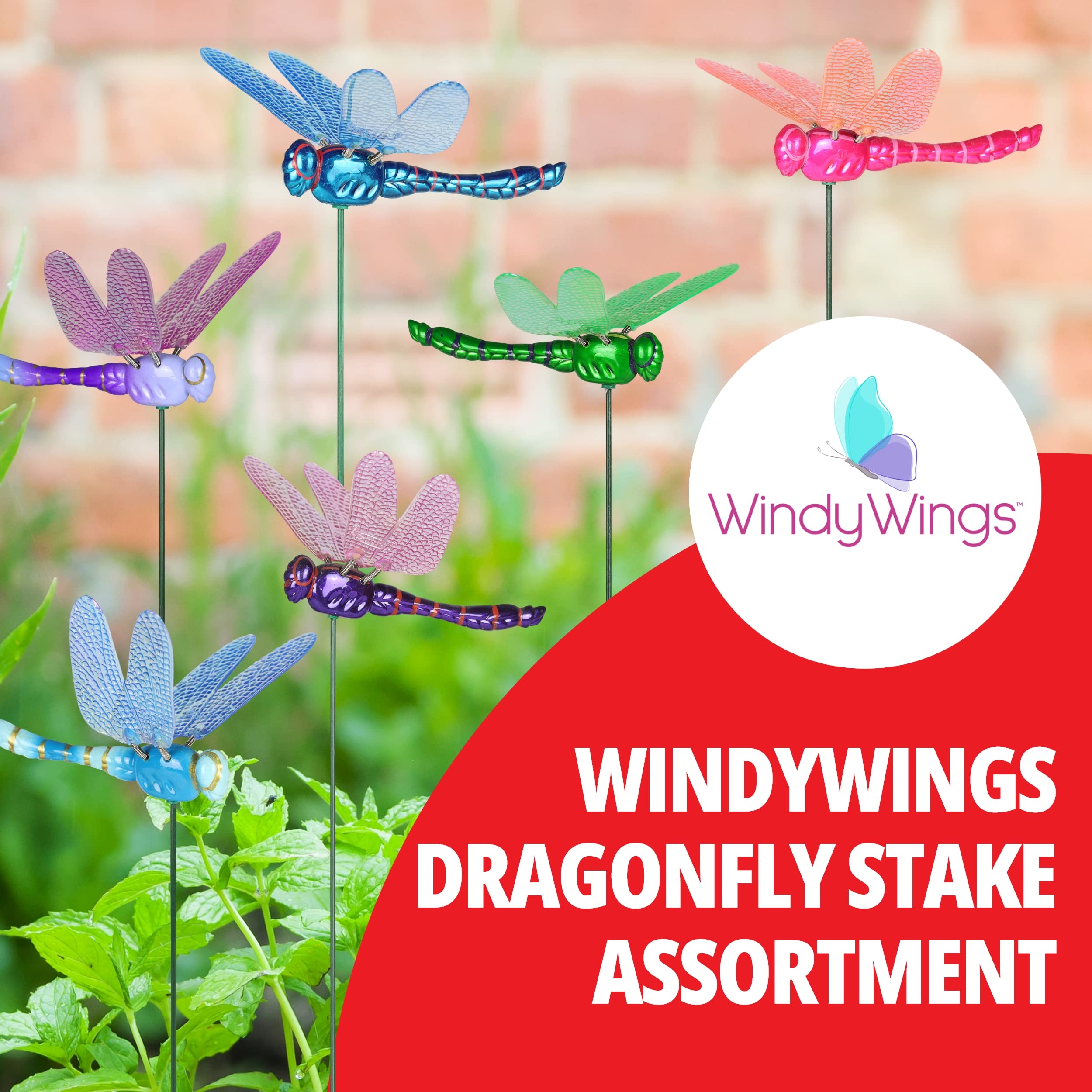 Exhart Garden Stake Set of 6 - Dragonfly Wind Spinners Outdoor Decor, 6 x 4 x 15.5 Inch Metal Yard Art for Garden, Patio, Lawn - Perfect for Backyard, Flower Beds & Landscape Decoration