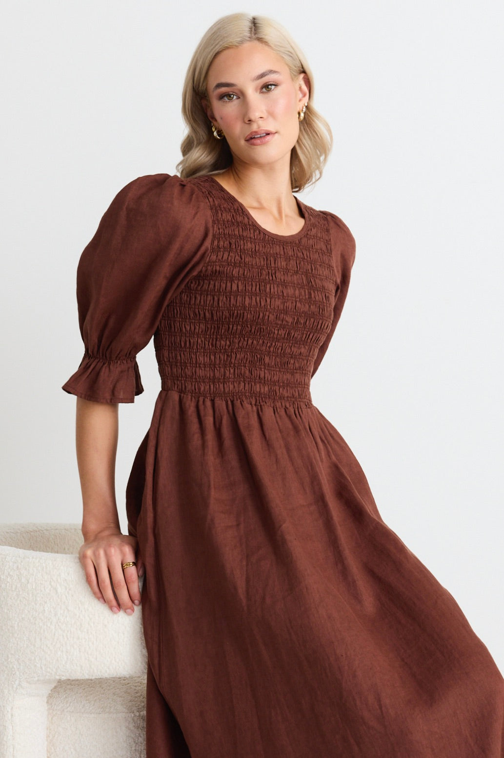 Canary Chocolate Linen Puff Sleeve Shirred Bodice Midi Dress - Elegant Summer Dress for Women, Perfect for Beach Vacations, Garden Parties & Date Nights
