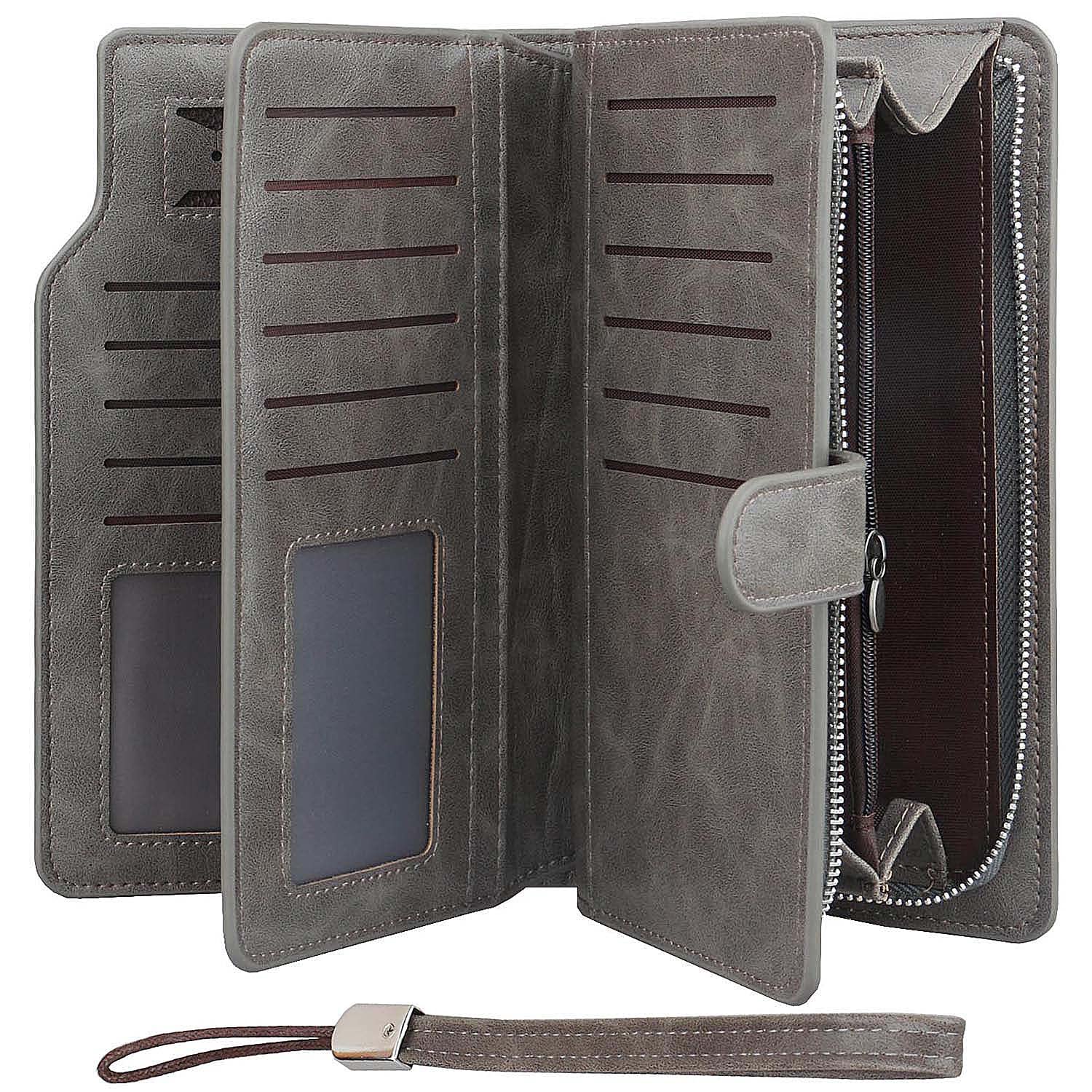 Coolstar Leather Wristlet Wallet for Women & Men - Large Capacity Business Card Holder (Grey) for Office & Travel