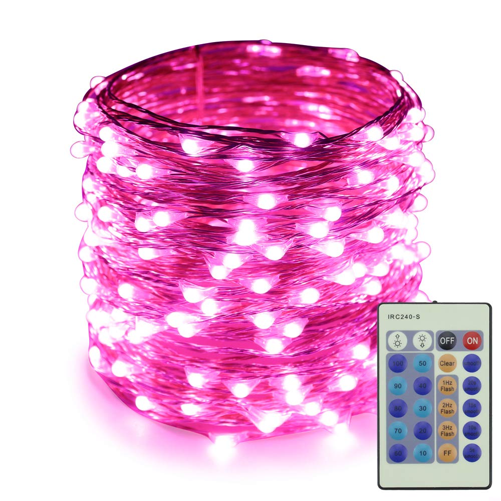 Dimmable LED String Lights 66Ft 200 LEDs - Remote Control Silver Wire Fairy Lights for Christmas, Wedding, Party Decor - Waterproof Outdoor/Indoor Use (Pink) - Perfect for Bedroom, Garden, Patio & Holiday Decorations