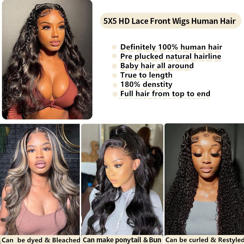 5x5 HD Lace Closure Wigs Human Hair - Pre Cut Lace Glueless Wig, Wear & Go - 180% Density Body Wave Lace Front Wigs for Women - Natural Hairline - Perfect for Daily Wear, Parties, Weddings & Special Occasions
