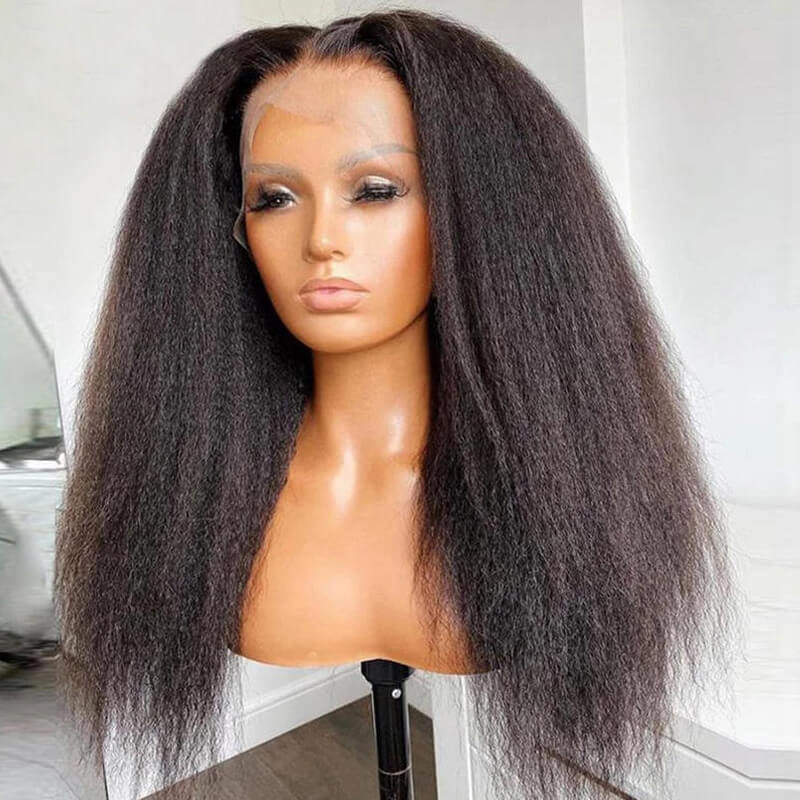Kinky Straight Human Hair Wigs with Pre-Plucked Lace Frontal - Natural Looking & Breathable for Daily Wear, Parties & Cosplay