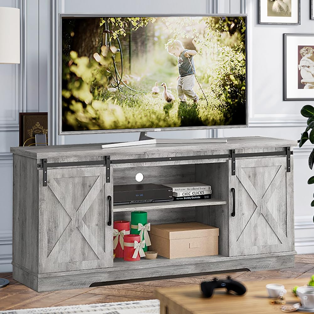 Farmhouse TV Stand for 65 Inch TV - Gray Entertainment Center with Barn Doors, Storage & Shelves - Modern Media Console Cabinet for Living Room, Bedroom & Home Theater Setup