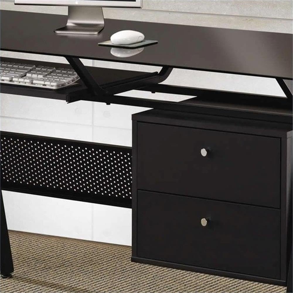 Modern Black & Chrome Wooden 2-Drawer Computer Desk - Home Office Workstation for Small Spaces, Gaming & Study
