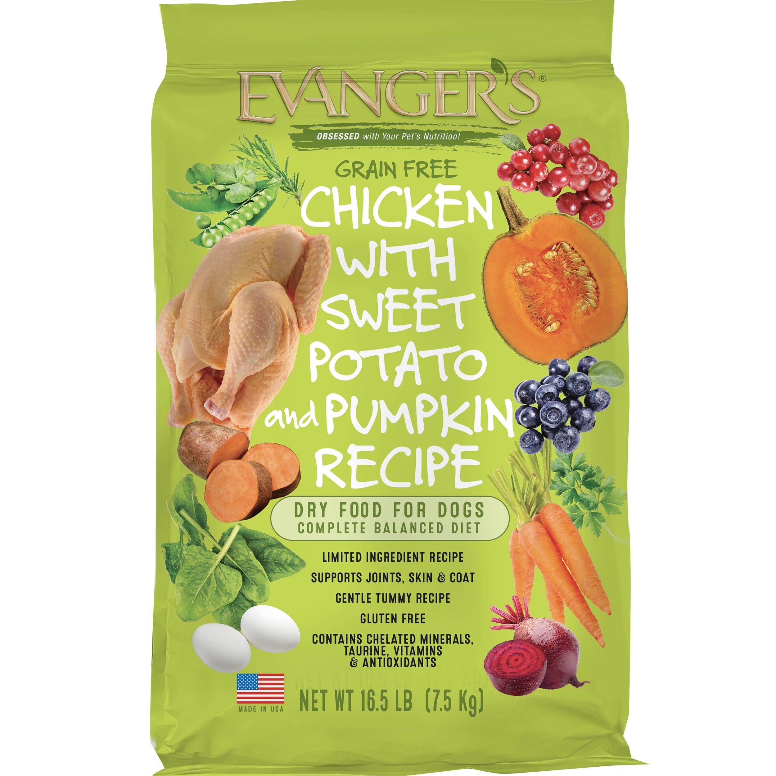 Evanger's Grain-Free Dog Food with Chicken, Sweet Potato & Pumpkin - 16.5 lb Bag for Adult Dogs - Healthy Digestive Support & Skin Care - Perfect for Sensitive Stomachs & Allergies