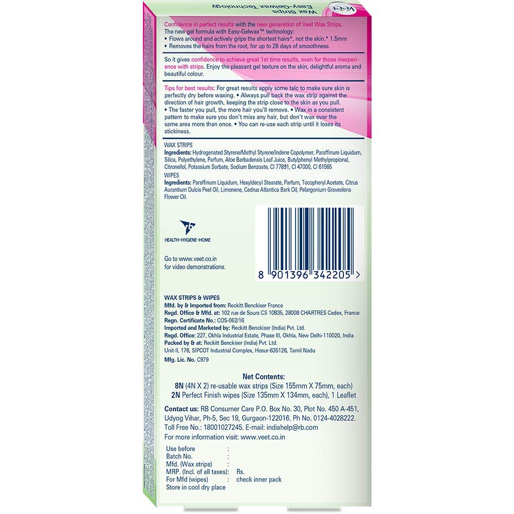 Veet Full Body Waxing Kit for Dry Skin - 8 Wax Strips with Soothing Aloe Vera - At-Home Hair Removal for Legs, Arms & Bikini Area - Gentle Formula for Sensitive Skin - Perfect for Pre-Vacation Smoothing & Quick Touch-Ups