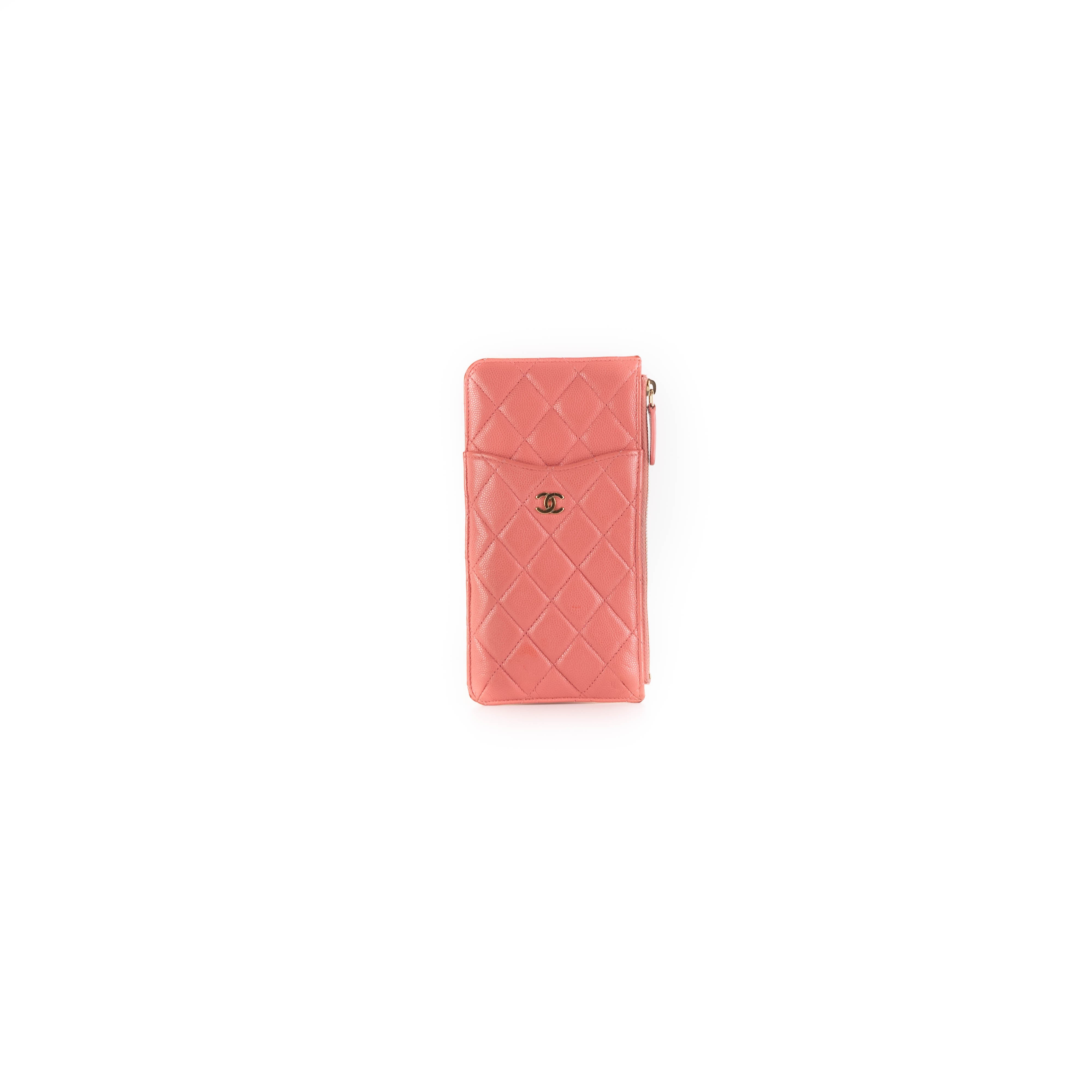 Chanel Caviar Coral Leather Phone Card Holder - Luxury Slim Wallet for iPhone, Cards & Cash - Perfect for Everyday Use, Travel & Gifting