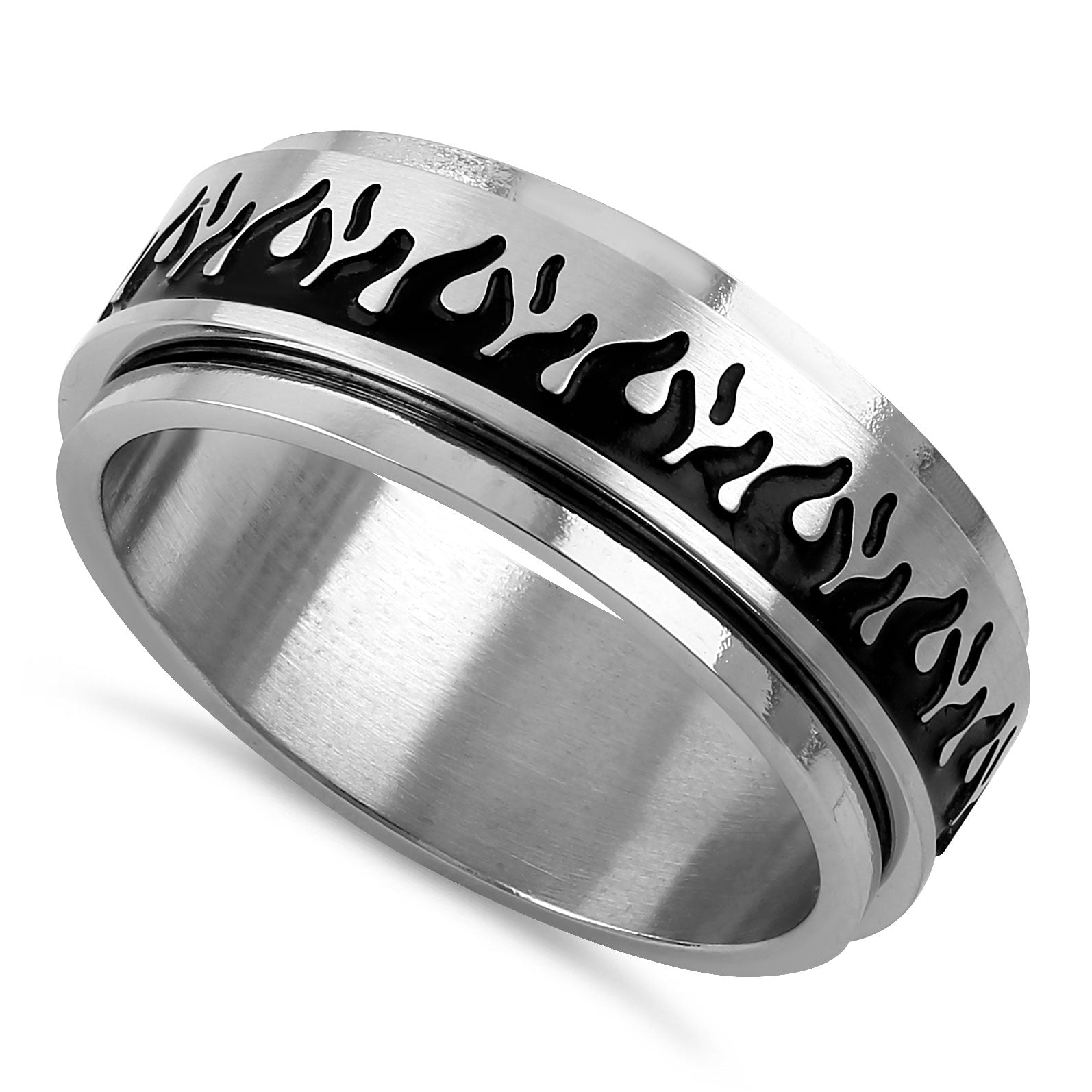 Stainless Steel Flaming Spinner Band Ring for Men & Women - Adjustable Spinning Fashion Jewelry for Stress Relief, Fidgeting, and Party Accessories