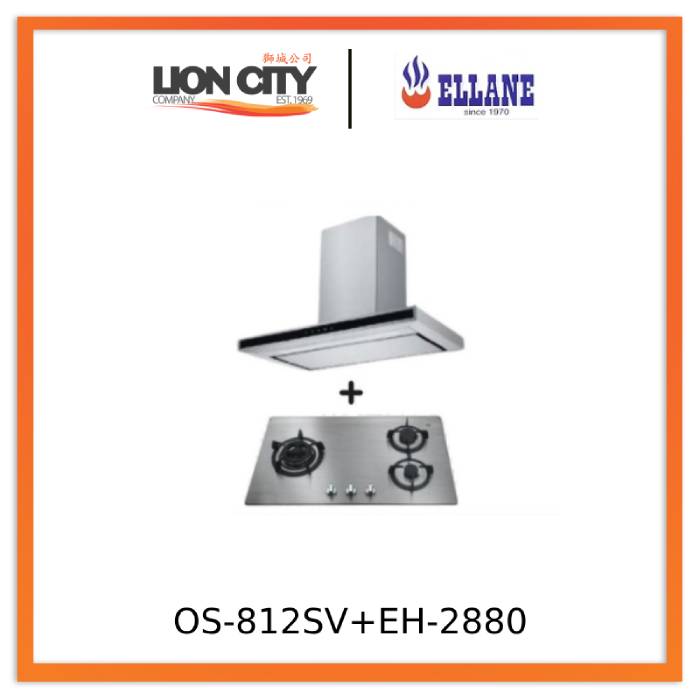 Ellane EH 2880 90cm Touch Control Stainless Steel Range Hood with Ellane OS 812SV 86cm 3-Burner Stainless Steel Gas Cooktop - Perfect for Modern Kitchen Ventilation and Cooking