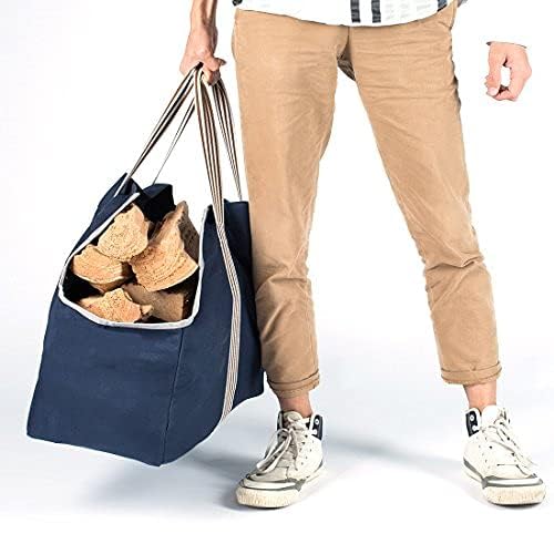 Heavy Duty Waxed Canvas Firewood Carrier Bag with Handles - Indoor & Outdoor Fireplace Log Tote for Camping, Firewood Storage, and Fireplace Use (Navy Blue) - Perfect for Camping Trips, Backyard Fire Pits, and Cozy Home Fireplaces