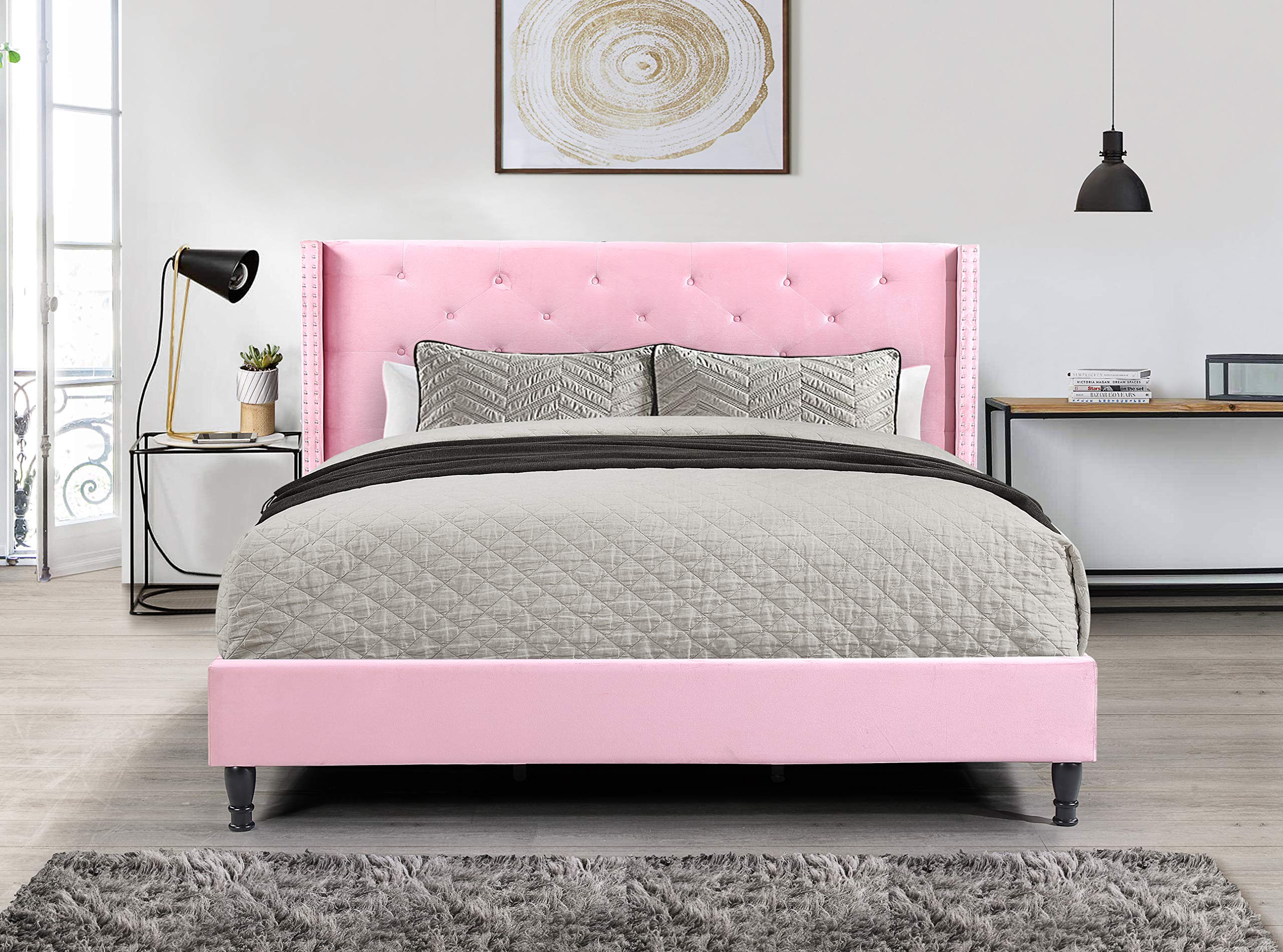 Luxury Suede Upholstered Queen Size Platform Bed with Pink Fabric - Perfect for Modern Bedrooms & Master Suites