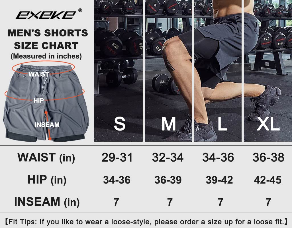 EXEKE Men's 2-in-1 Running Shorts with Pockets - Quick Dry Athletic Gym Workout Shorts for Jogging, Training & Outdoor Activities