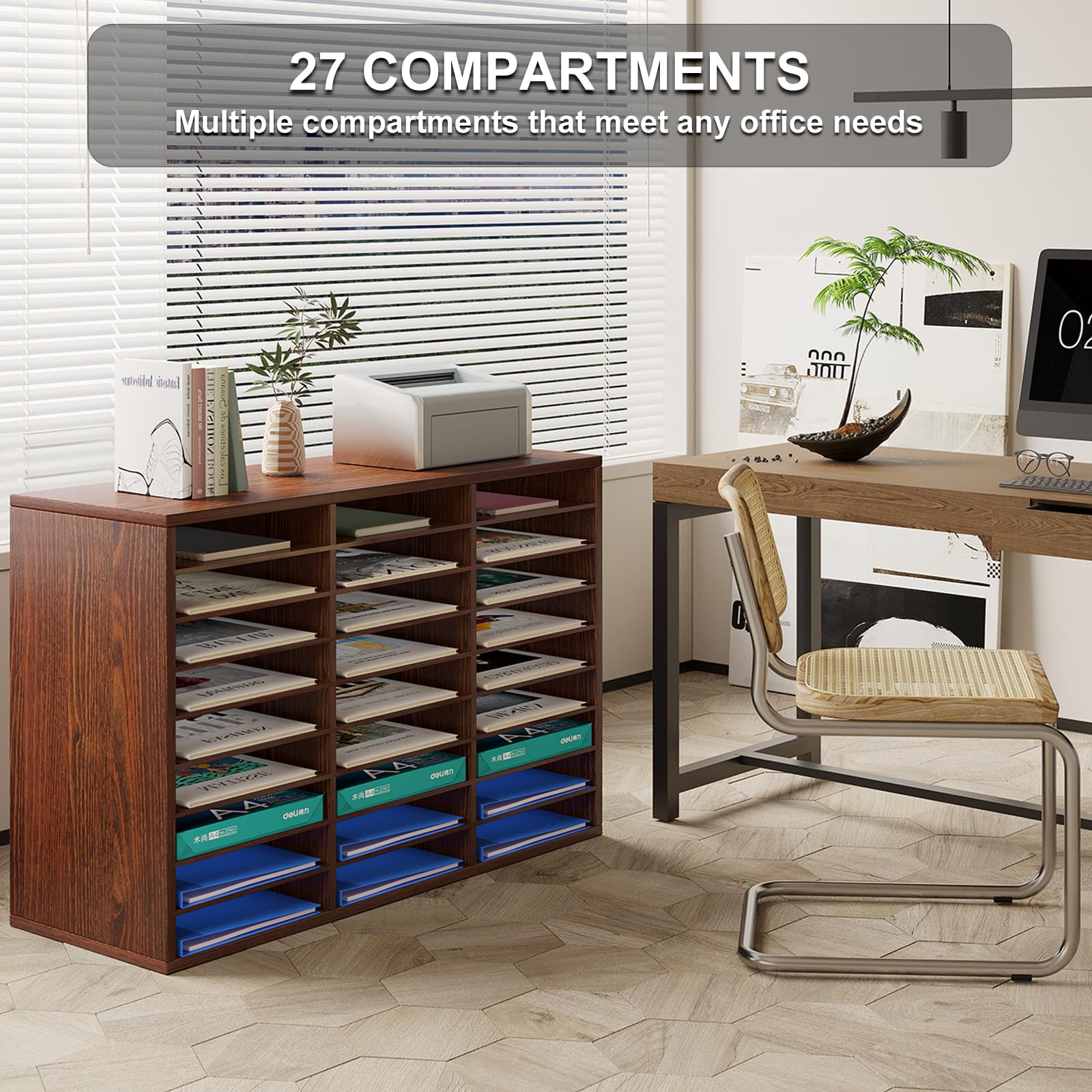 PAG Wooden Mail Sorter Organizer - 27 Compartment Literature Organizer for Classroom & Office - Desktop Paper Bill Organizer for Home School - Brown (Perfect for Teachers, Students & Office Workers)