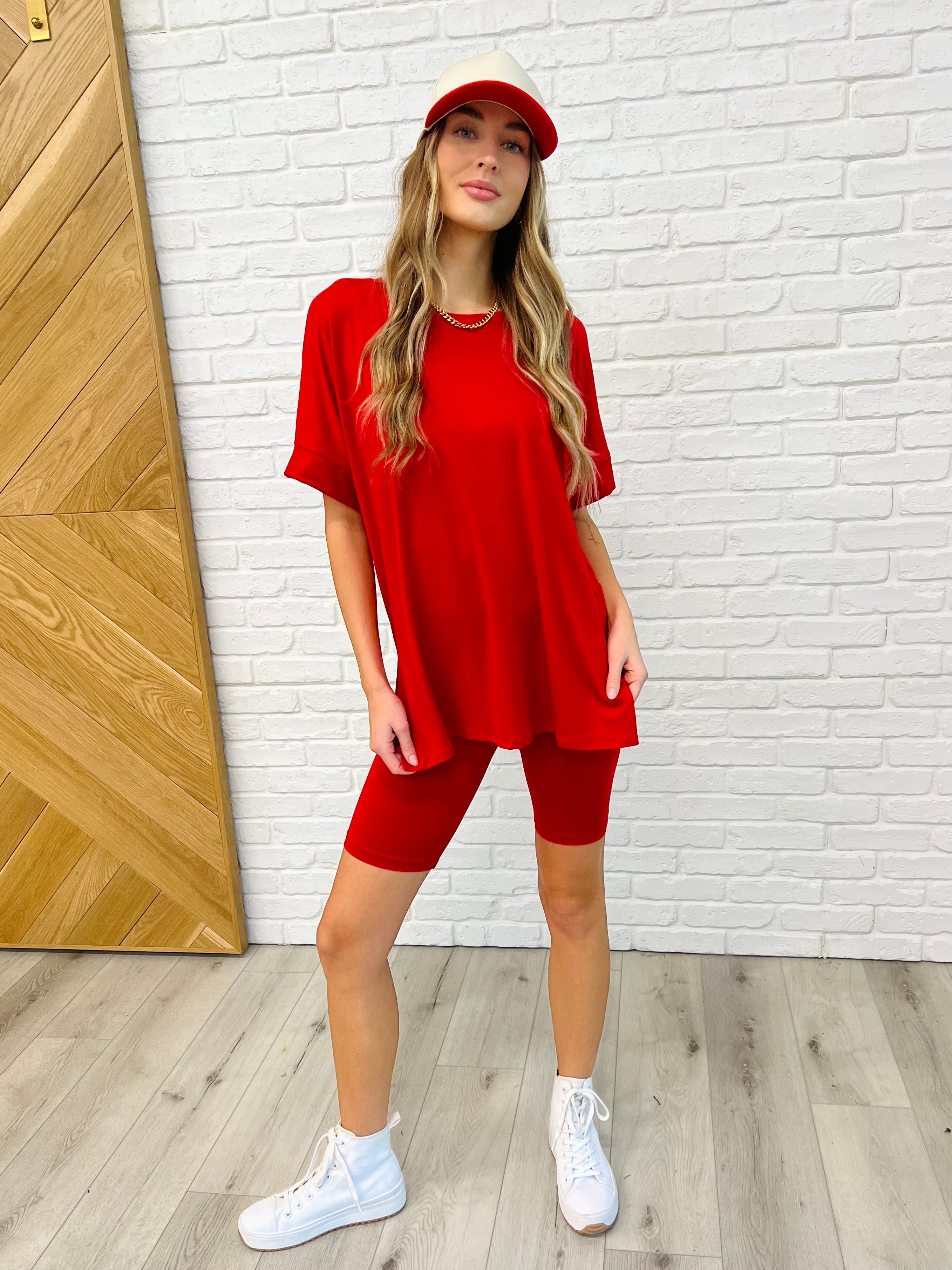 Women's Comfy Cruising Top and Biker Shorts Set - Ruby Red Activewear for Yoga, Gym & Casual Wear | Breathable Workout Outfit