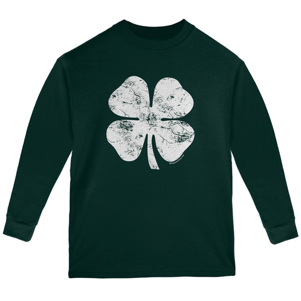 Vintage St. Patrick's Day Shamrock Long Sleeve T-Shirt for Kids | Distressed American Flag Design | Perfect for Irish Festivals & Holiday Parties
