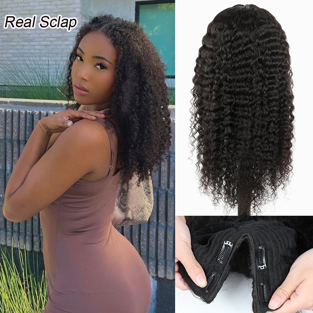 V SHOW 20 Inch V Part Deep Wave Human Hair Wigs - Glueless No Leave Out Curly Wave U Part Wig 150% Density (Natural Black) for Women | Perfect for Daily Wear, Parties & Special Occasions