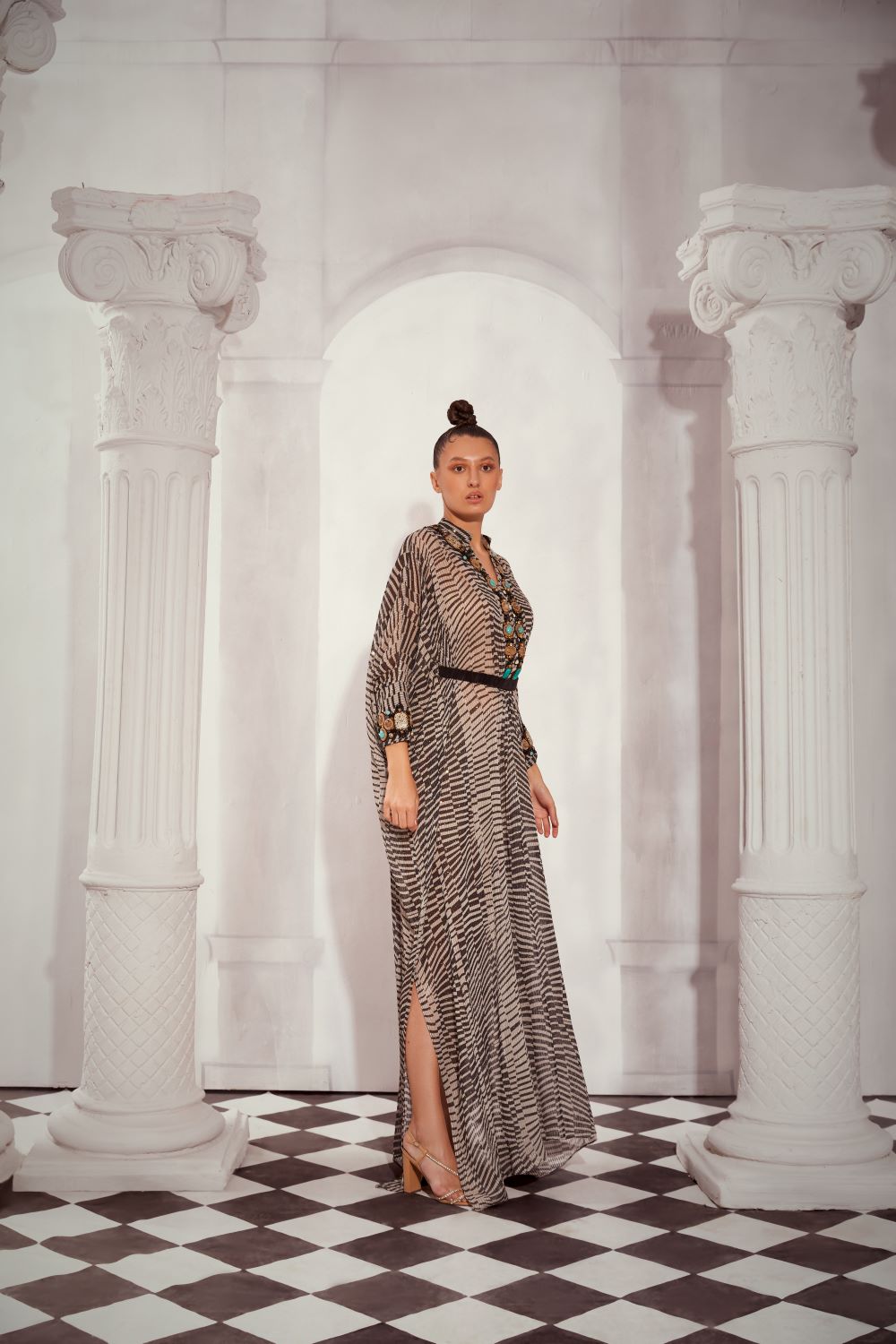 Elegant Black & White Byzantine Style Embellished Kaftan with Belt - Vintage Inspired Tunic for Women, Perfect for Boho Parties, Beach Coverups & Special Occasions