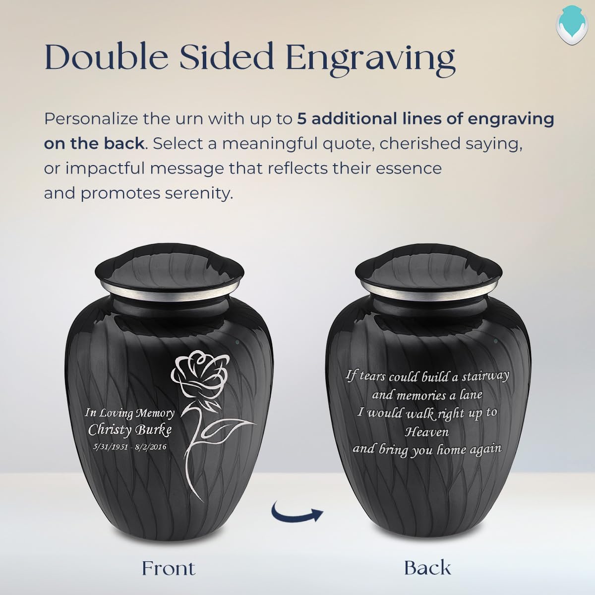 Personalized Rose Cremation Urn for Human Ashes - Large Pearl Black Funeral Urn for Adults with Double-Side Engraving - Holds 200 lbs - Perfect for Memorial Services, Home Display & Honoring Loved Ones